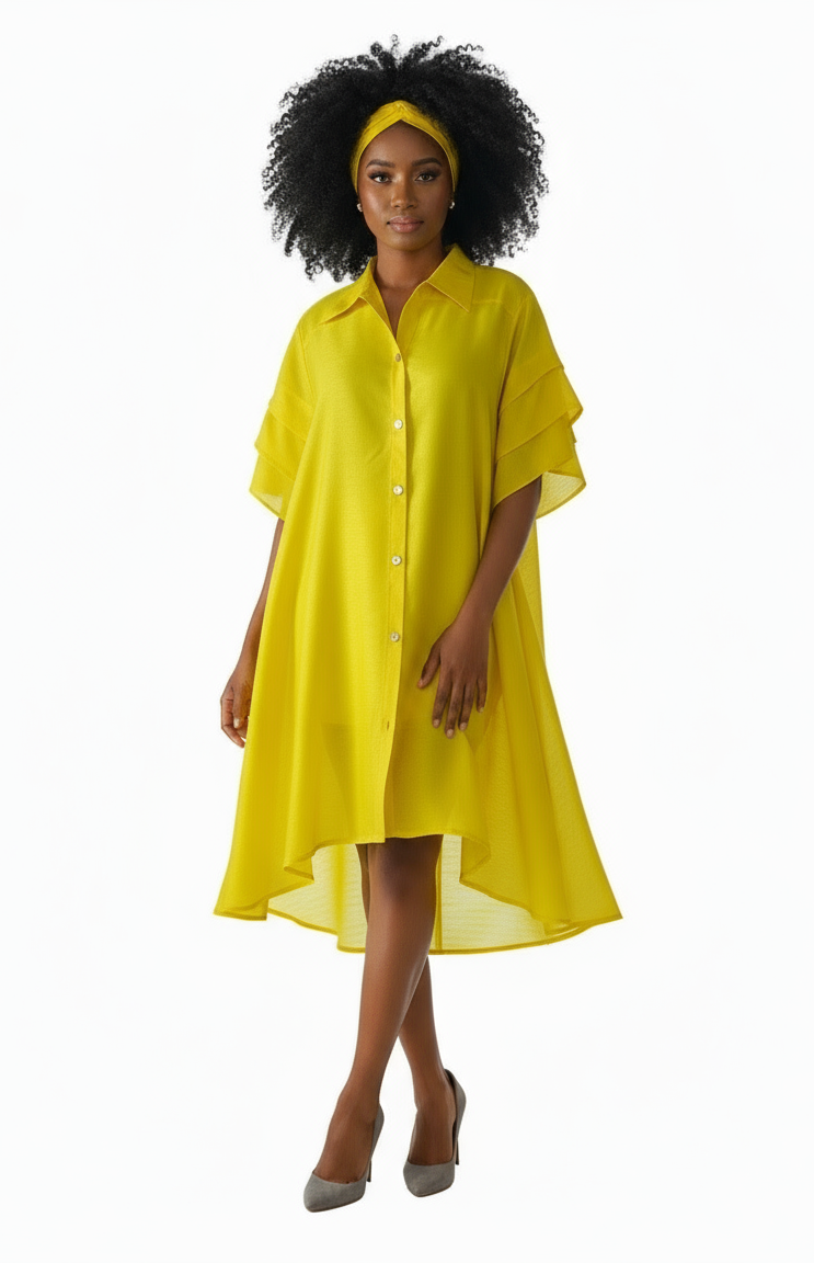 Swing Dress/ Faux Silk/ Ruffle Sleeve - Yellow 25013