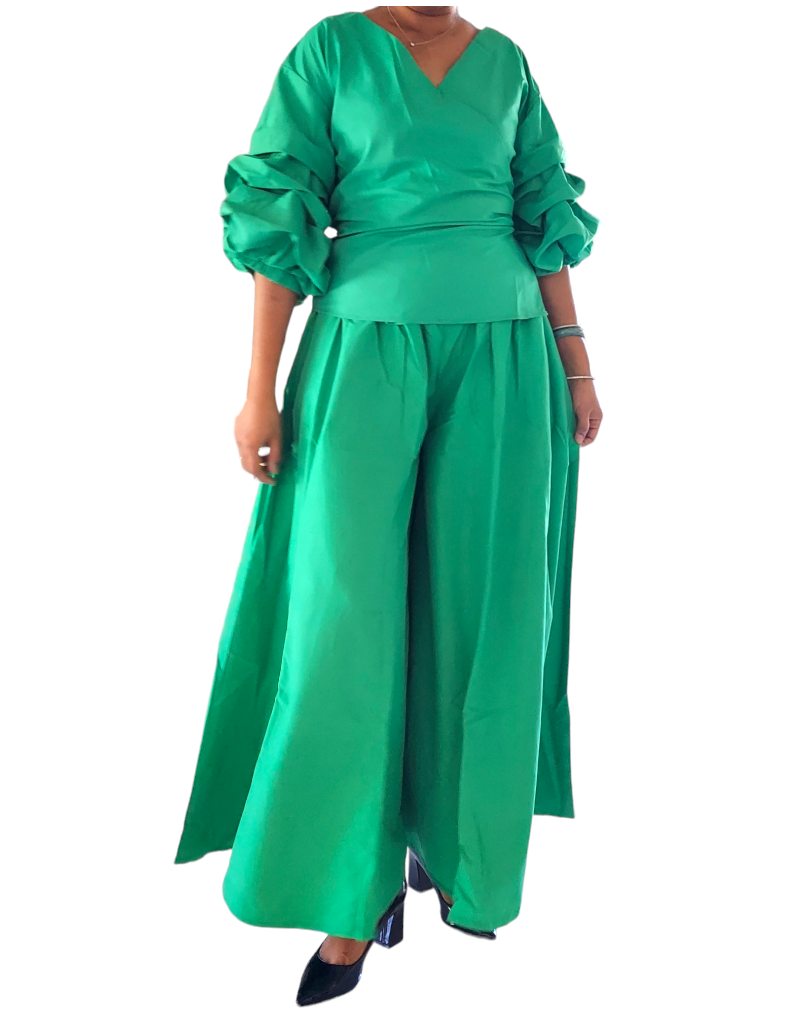 Palazzo & Wrap Blouse Set - Green