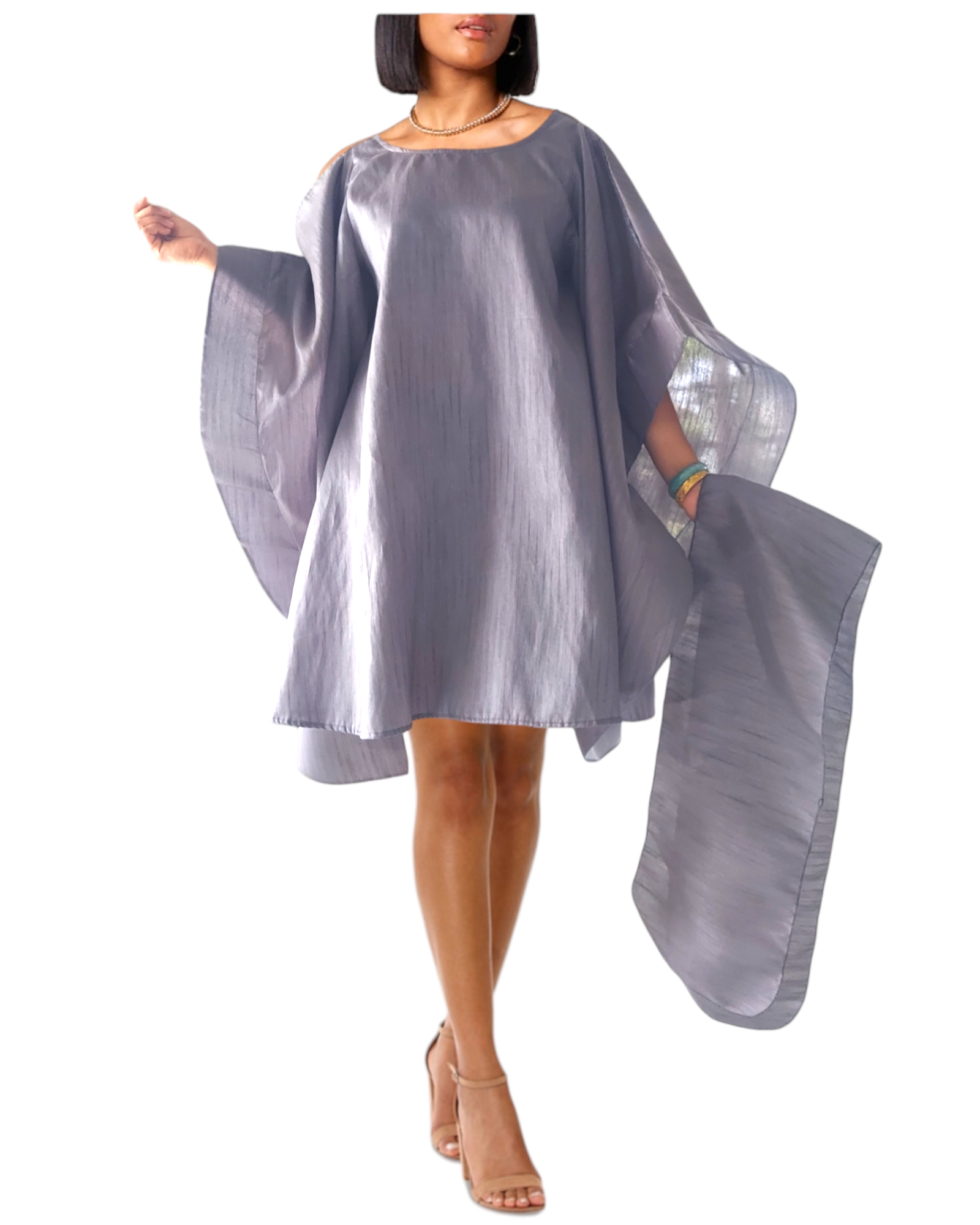 Faux Silk Wing Dress/Poncho Dress/ Wing Sleeves- Grey