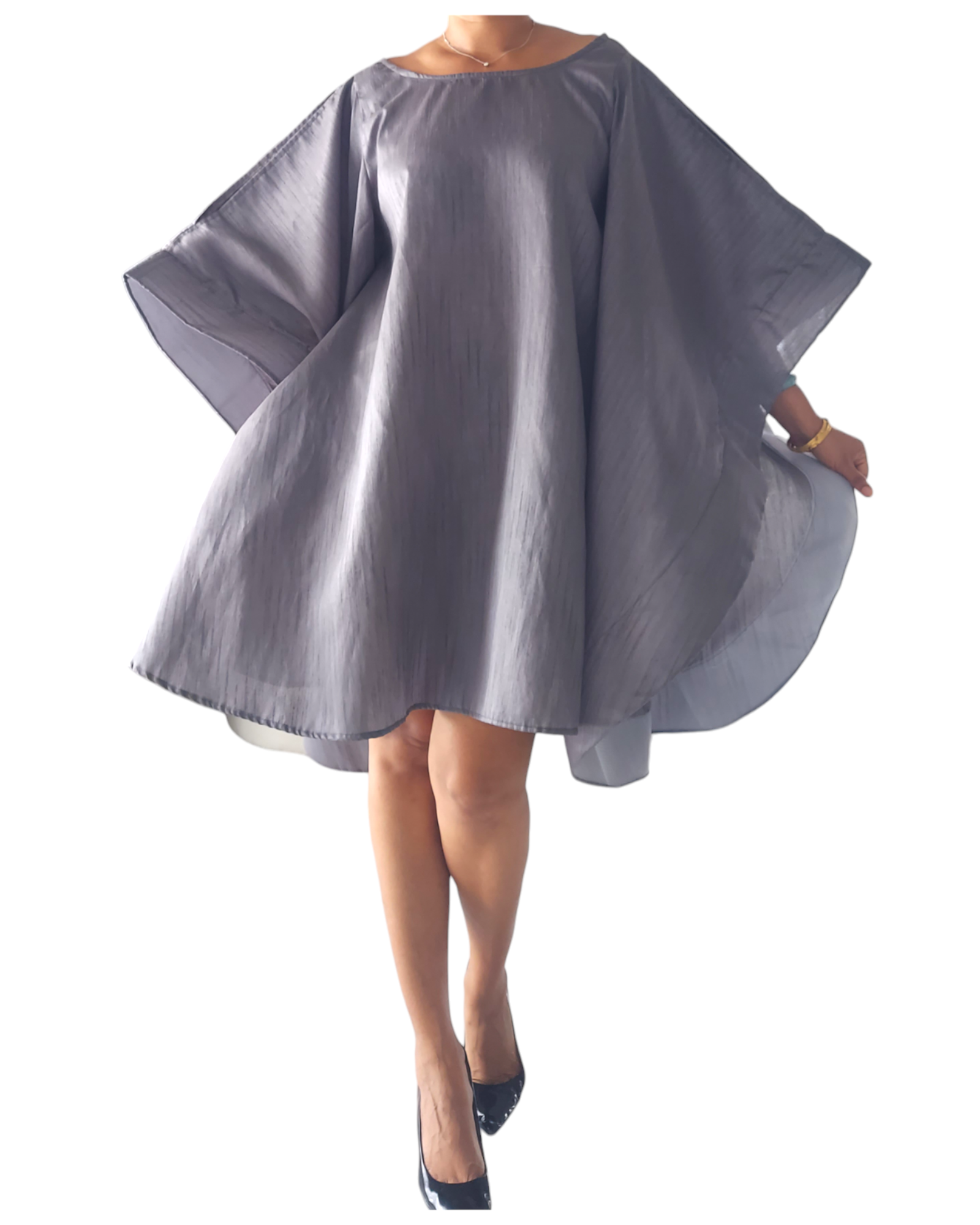 Faux Silk Wing Dress/Poncho Dress/ Wing Sleeves- Grey