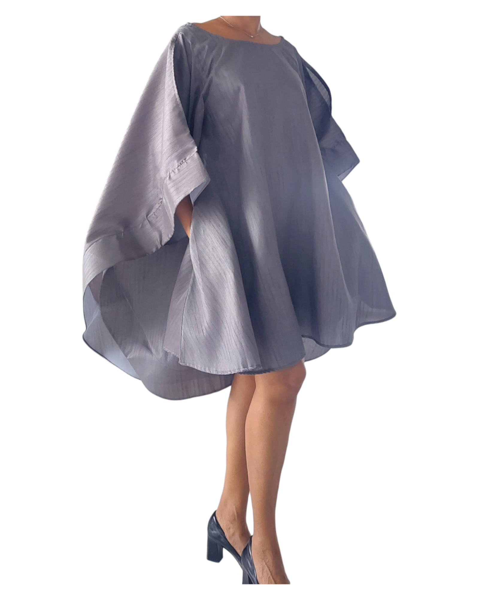 Faux Silk Wing Dress/Poncho Dress/ Wing Sleeves- Grey