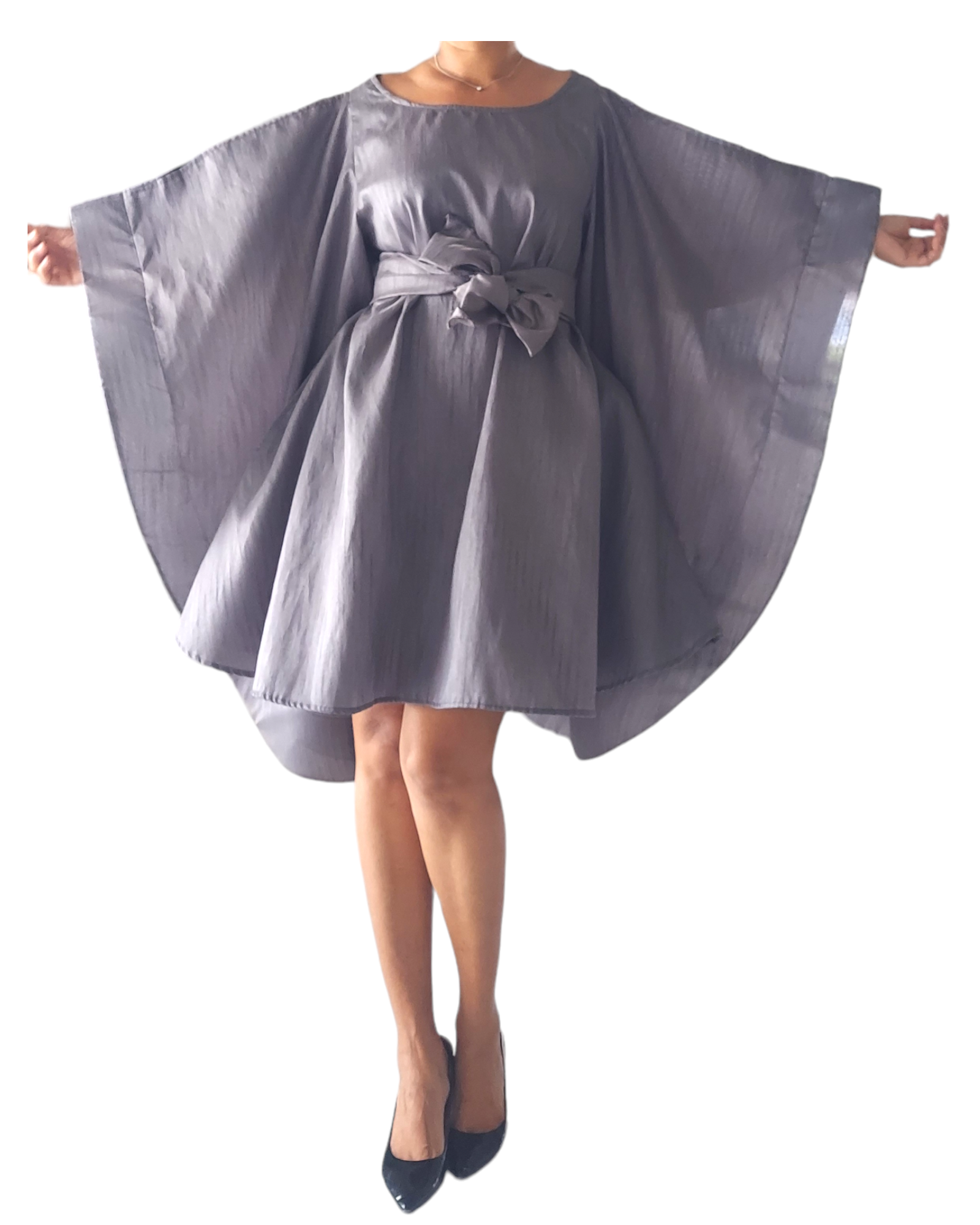 Faux Silk Wing Dress/Poncho Dress/ Wing Sleeves- Grey