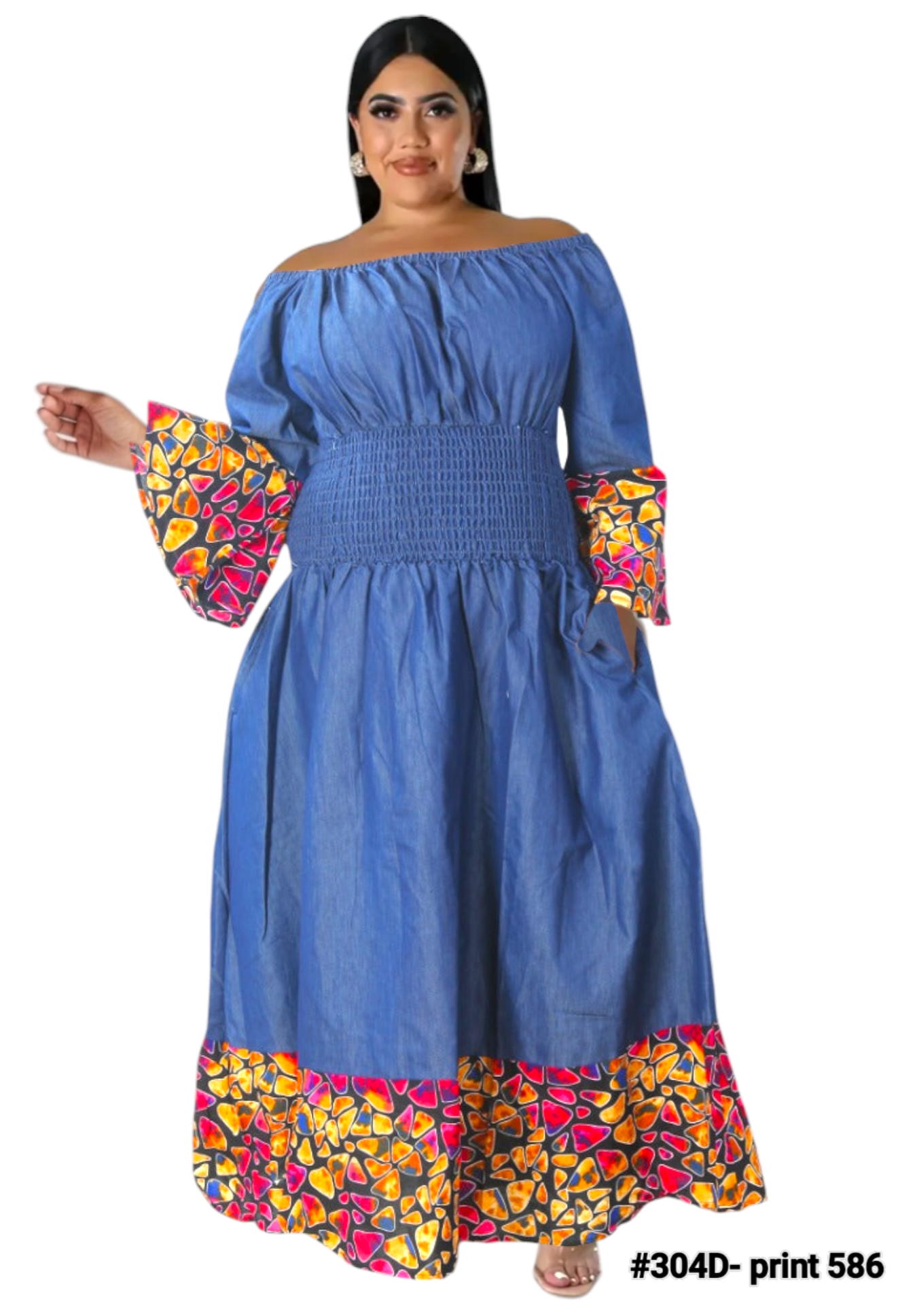 304  Smock Waist Denim Dress/ Polkadot Border