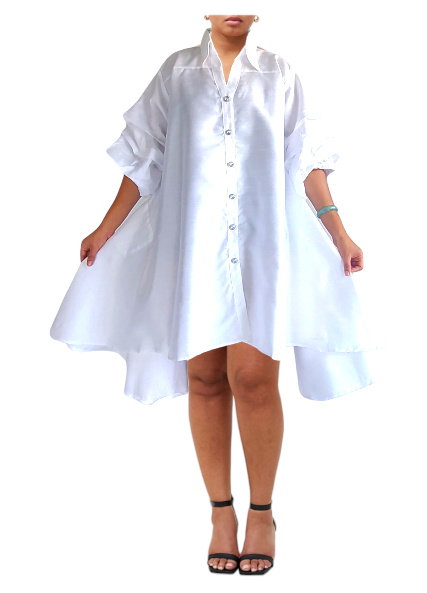 Swing Dress/ Faux Silk/ Ruffle Sleeve - White 25013