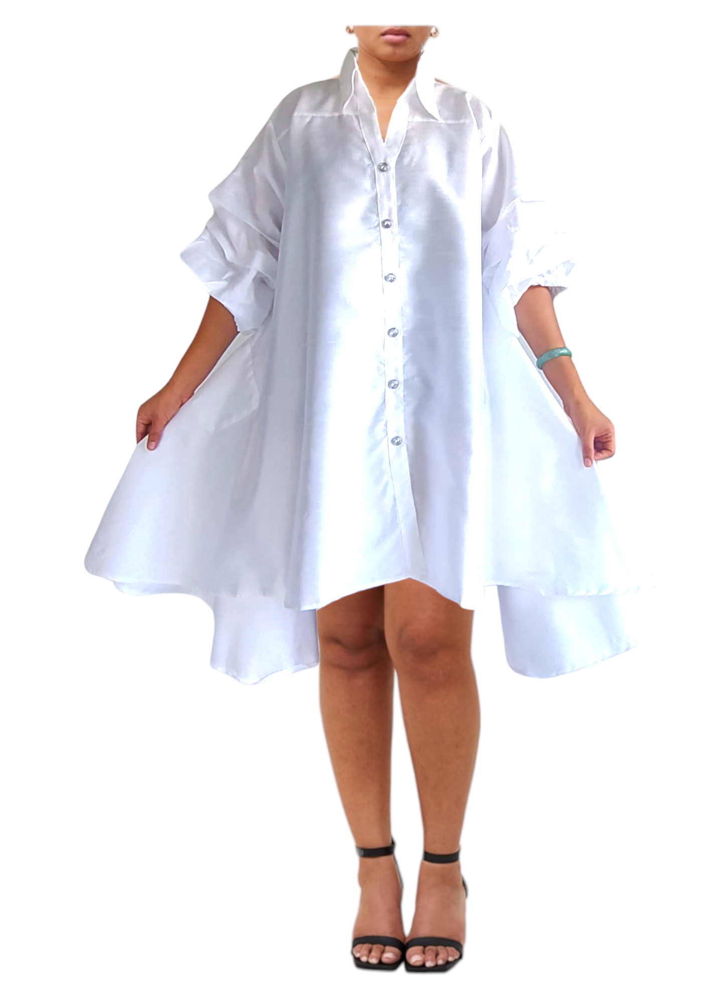 Swing Dress/ Faux Silk/ Ruffle Sleeve - White 758