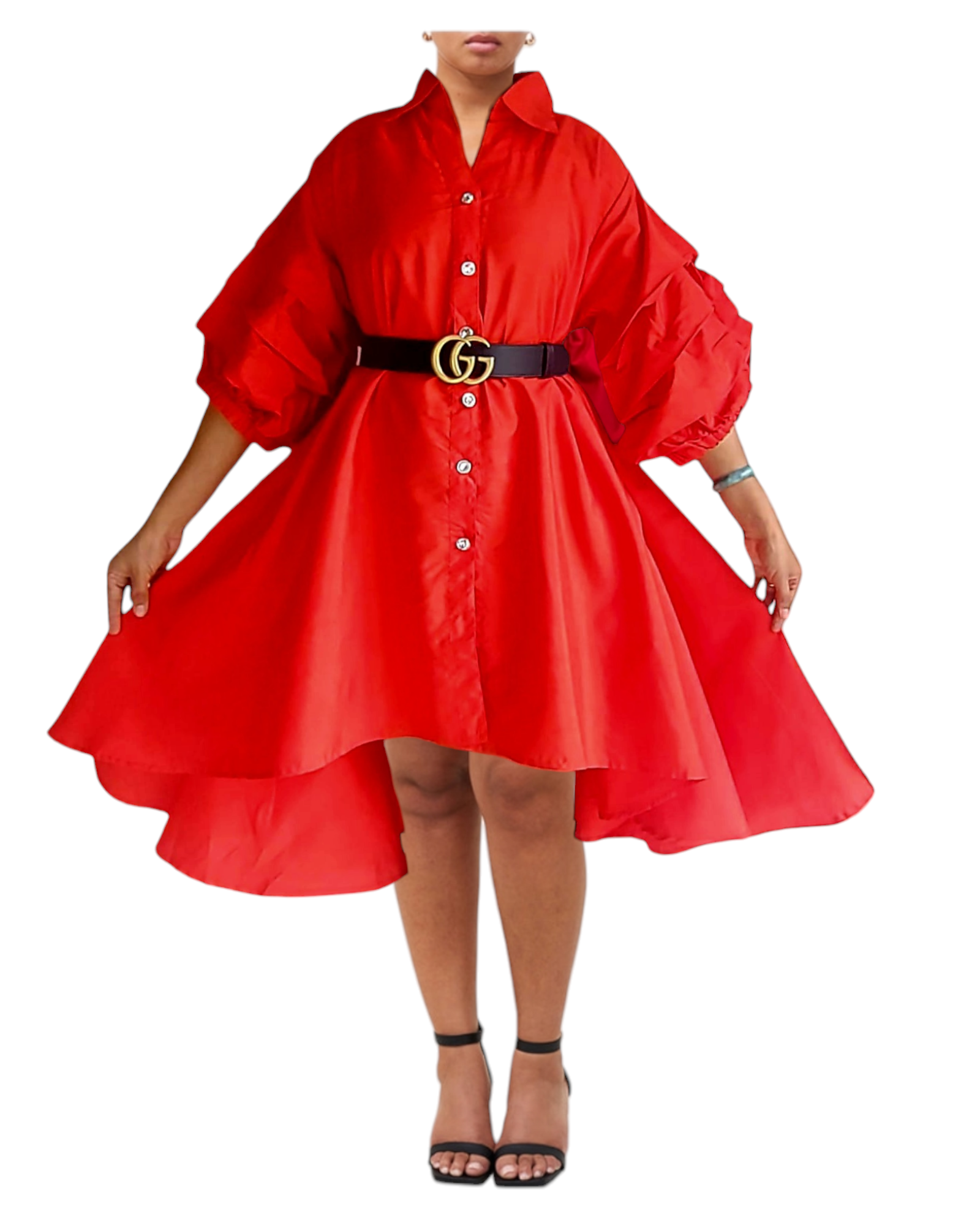 Swing Dress/ Faux Silk/ Ruffle Sleeve - Red