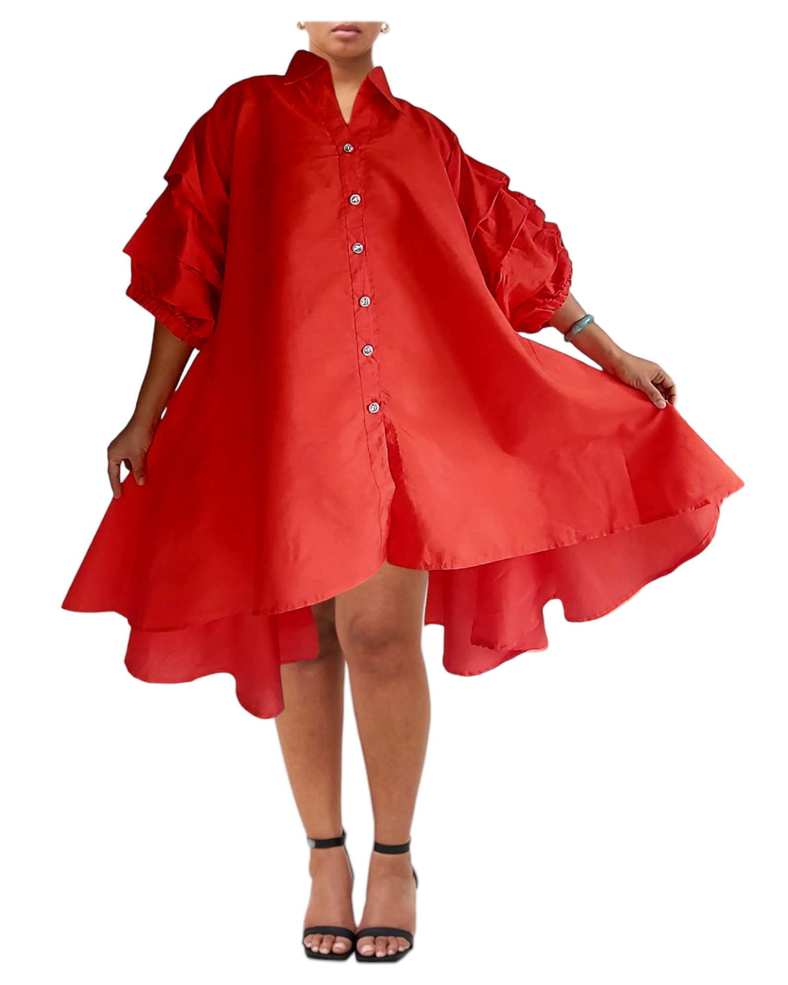 Swing Dress/ Faux Silk/ Ruffle Sleeve - 25013 Red