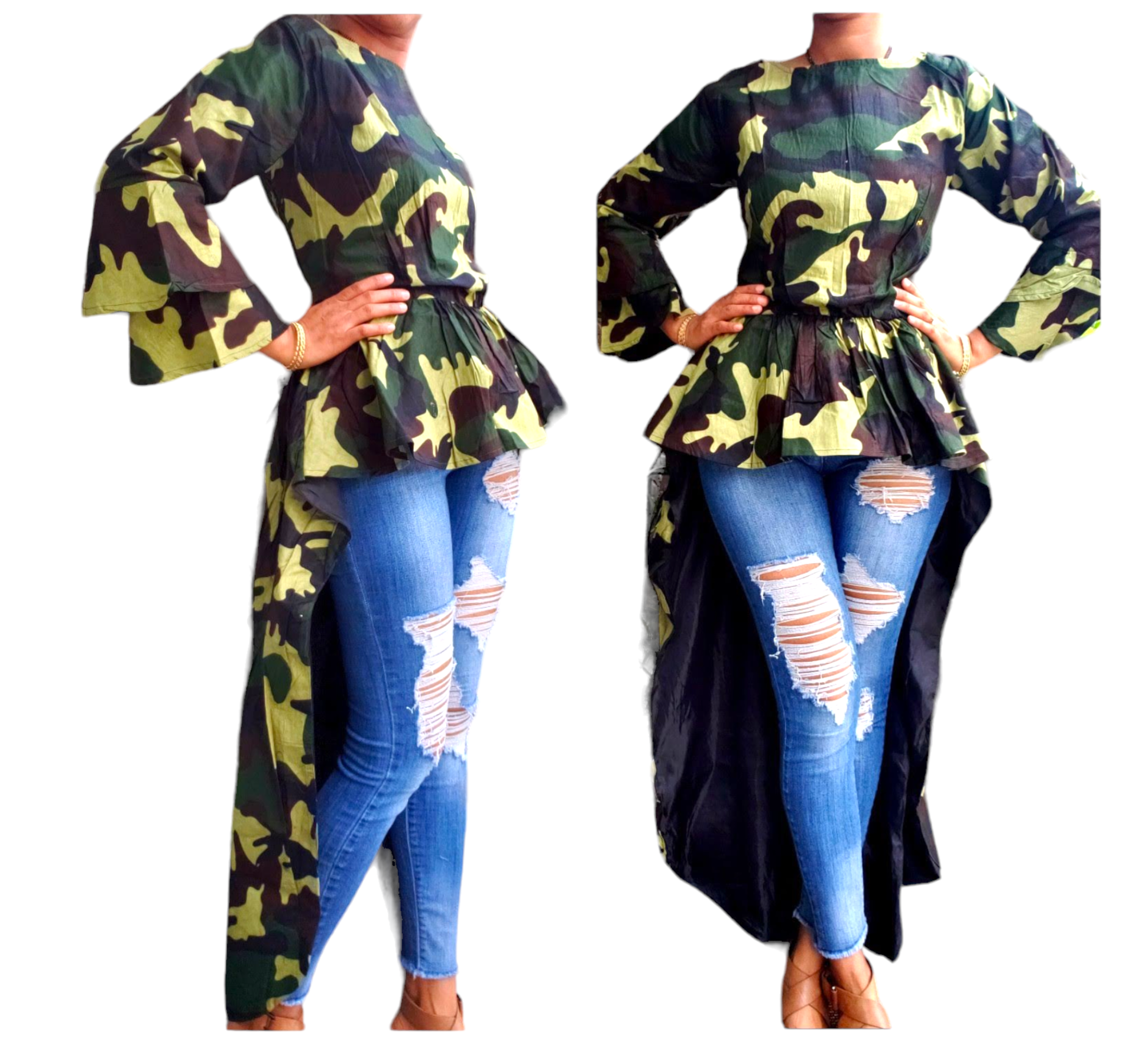 305 High / Low Bell sleeve Blouse- Camouflage Green