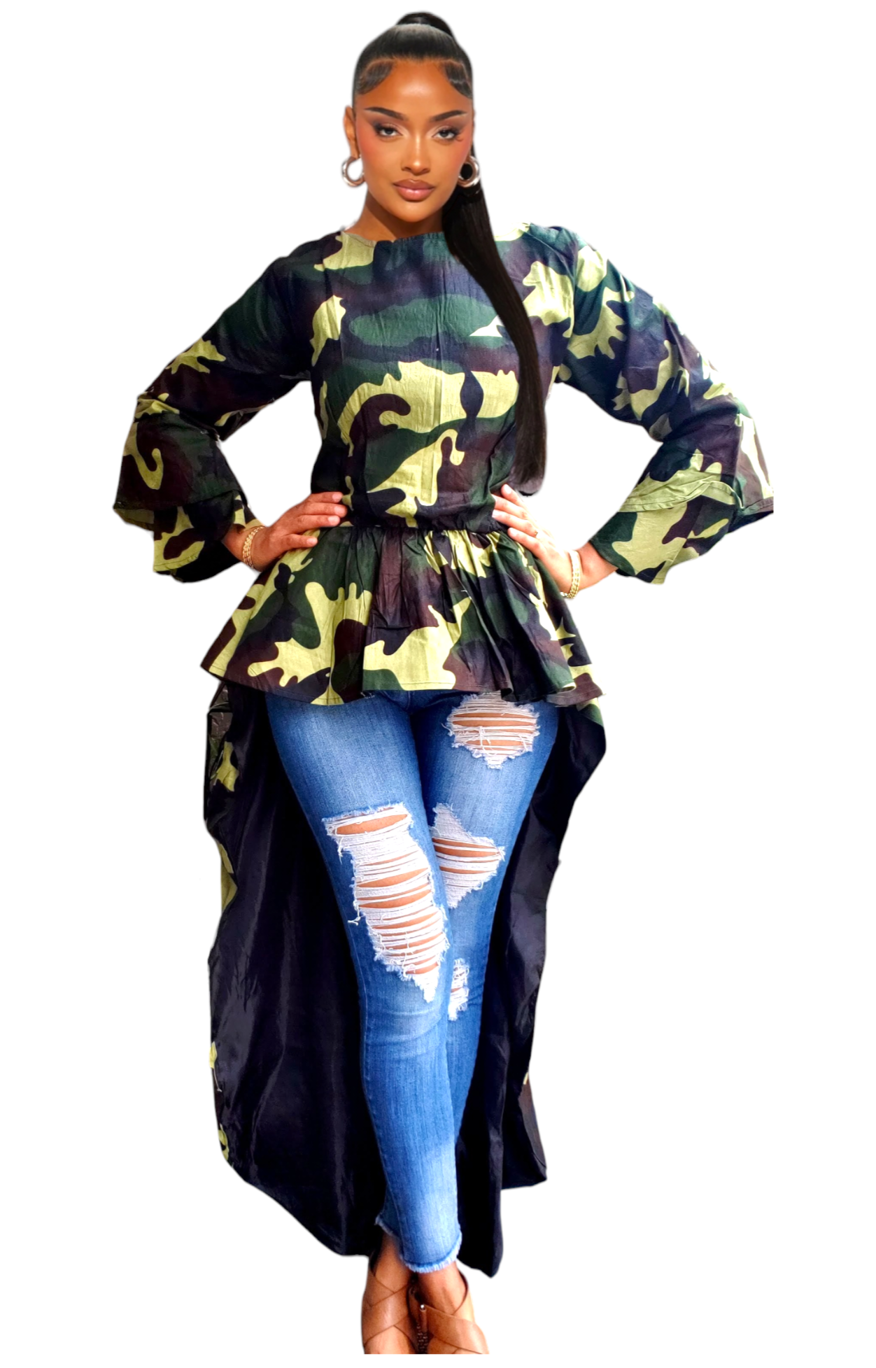 305 High / Low Bell sleeve Blouse- Camouflage Green