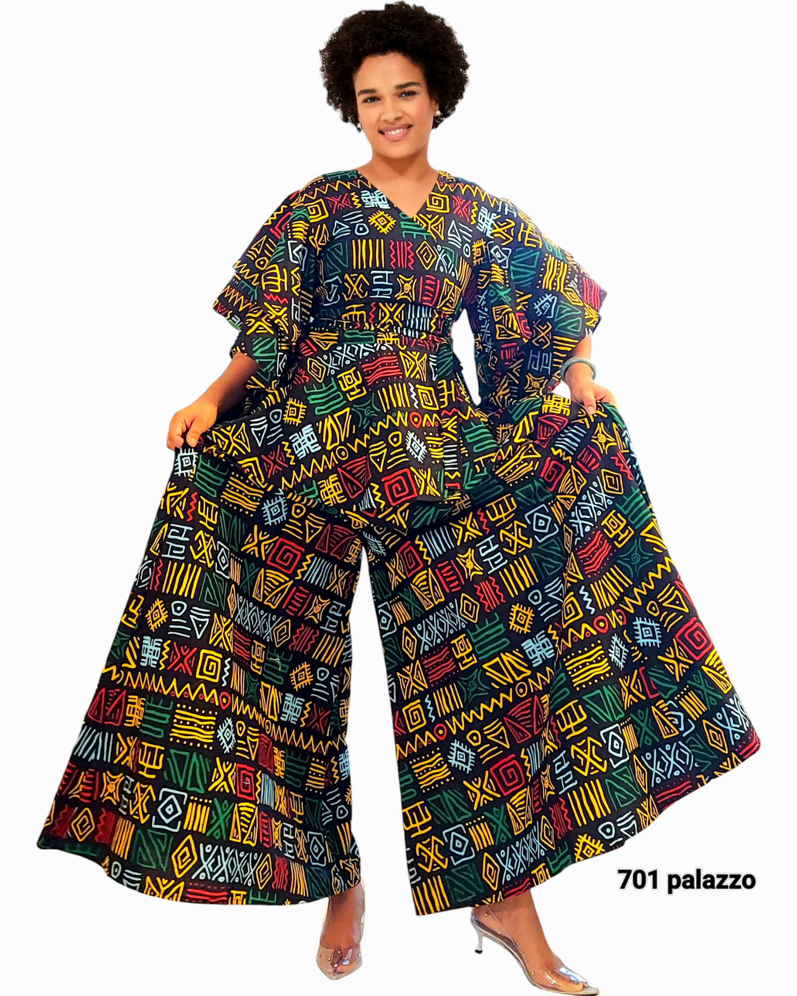 Palazzo Pant & Wrap Blouse - Black/Rasta