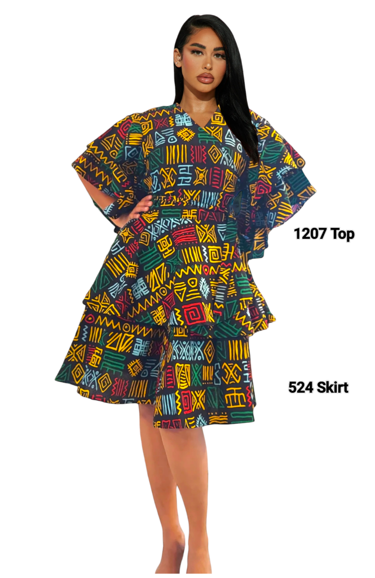 Wrap Blouse & Long Skirt-Black/Rasta