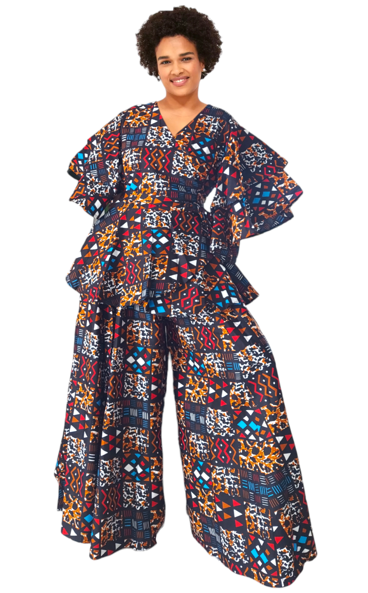 Palazzo Pant & Wrap Blouse Set - Brown Multi