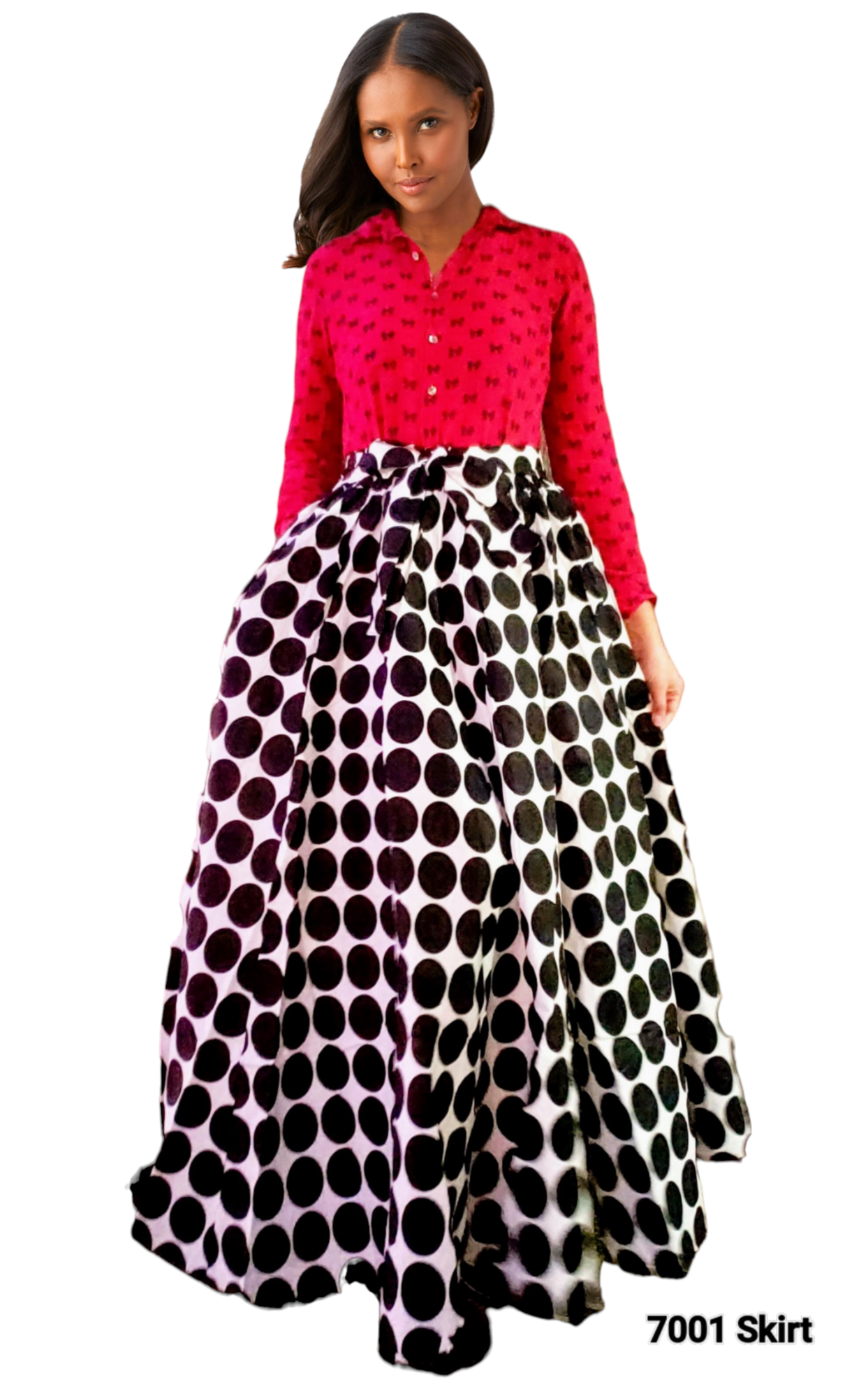 7001 Women Long Maxi Skirt-White / Black Polkadot