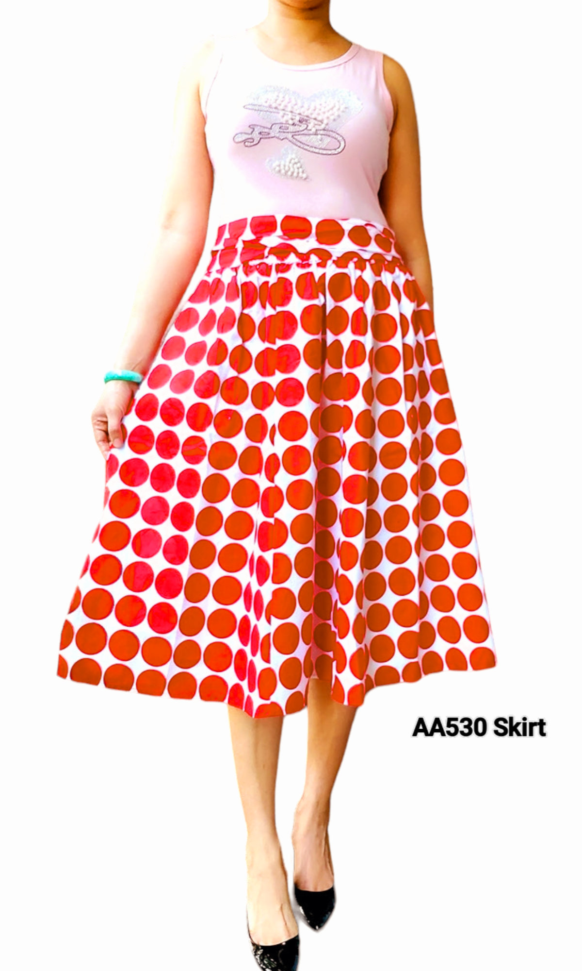 AA530 - Woman Mid Length Skirt - Red/ White Polkadot