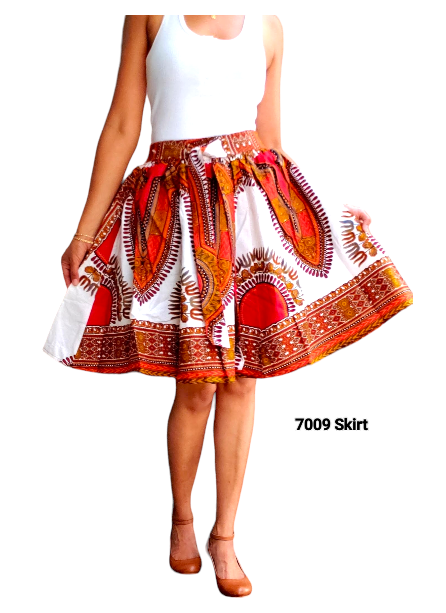 7009 Women Short Skirt Dashiki Skirt- White/ Red