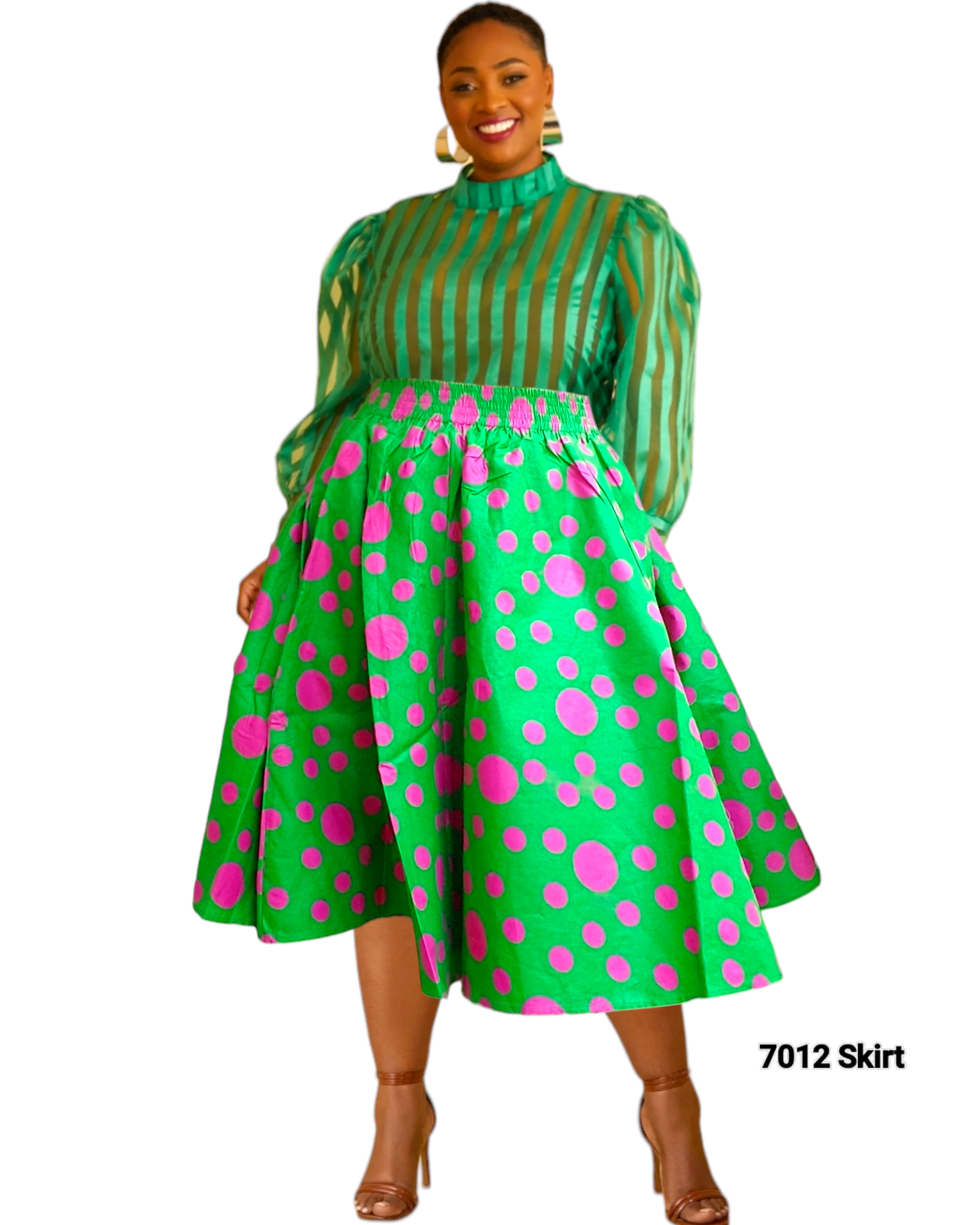 7012- Woman Mid Length Maxi Skirt- Green/Pink Polkadot