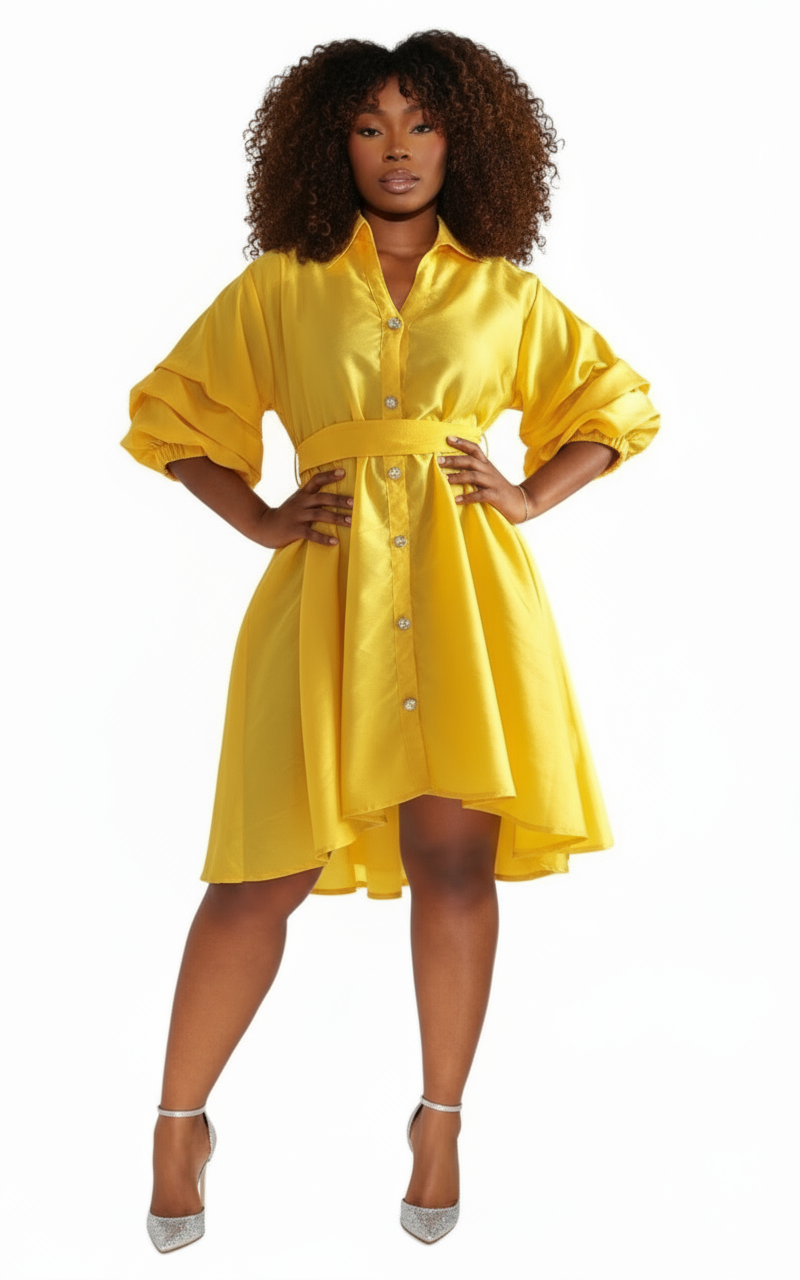 Swing Dress/ Faux Silk/ Ruffle Sleeve - Yellow Gold 25013