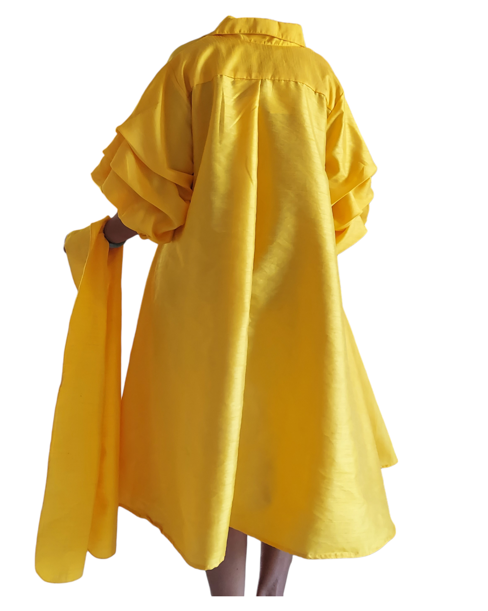 Swing Dress/ Faux Silk/ Ruffle Sleeve - Yellow Gold 25013