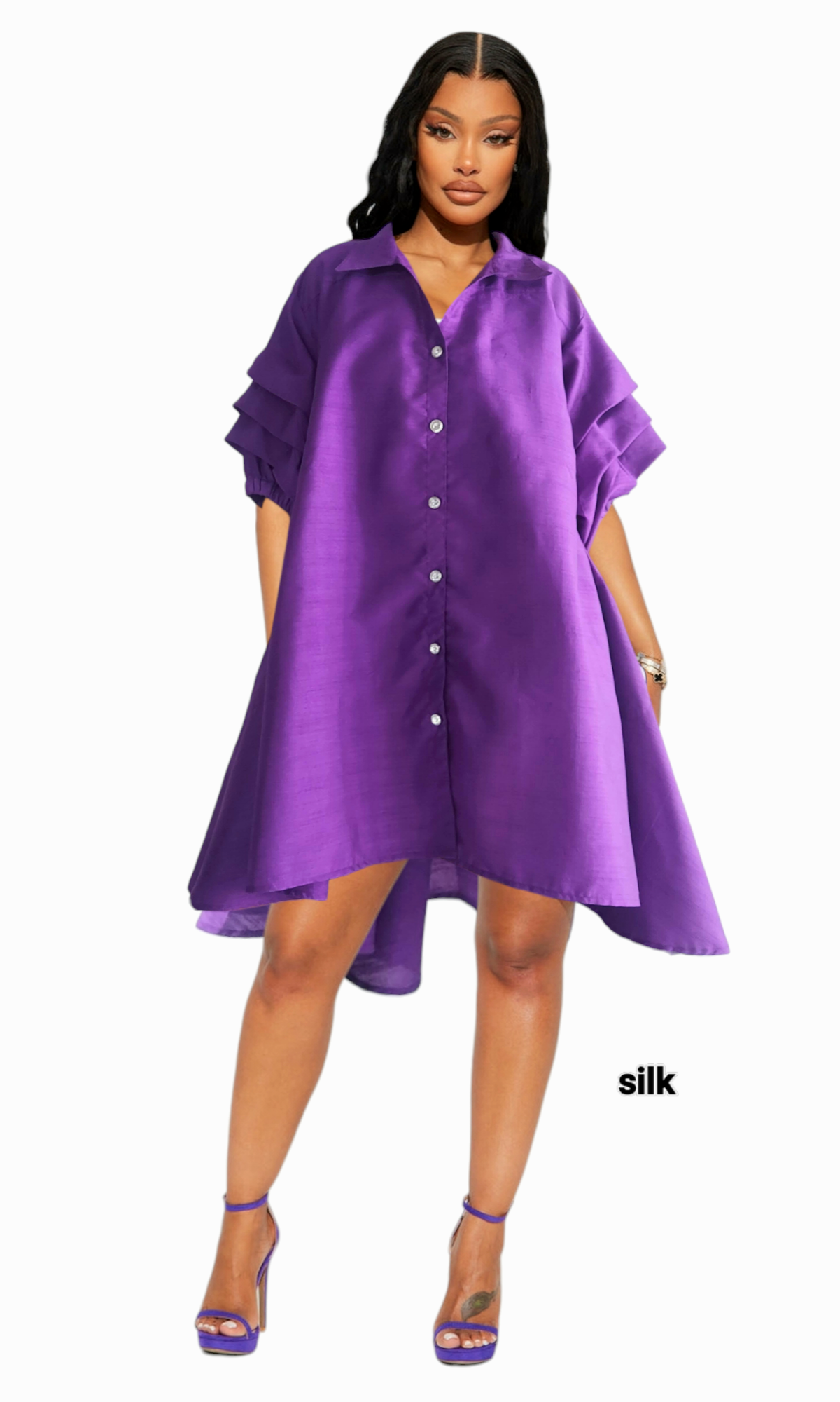 Swing Dress/ Faux Silk/ Ruffle Sleeve - Purple