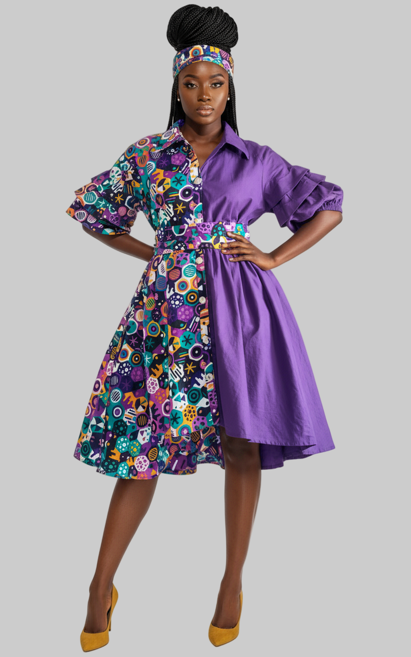 IB25013- Swing Dress/ Cotton / Ruffle Sleeve - Two Tone