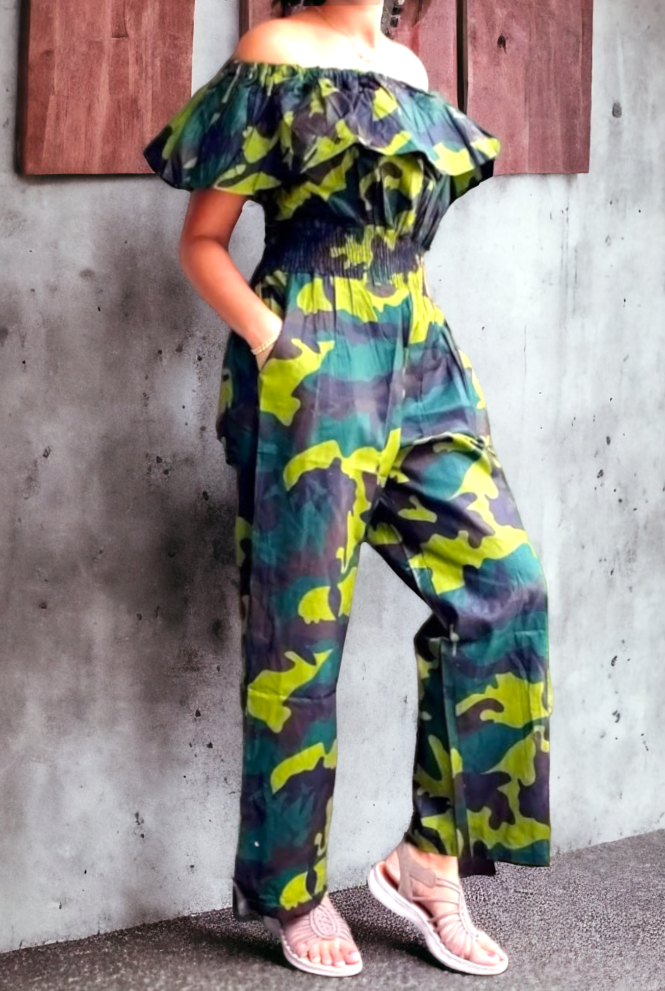 #317- Women Long Romper- Camouflage Green