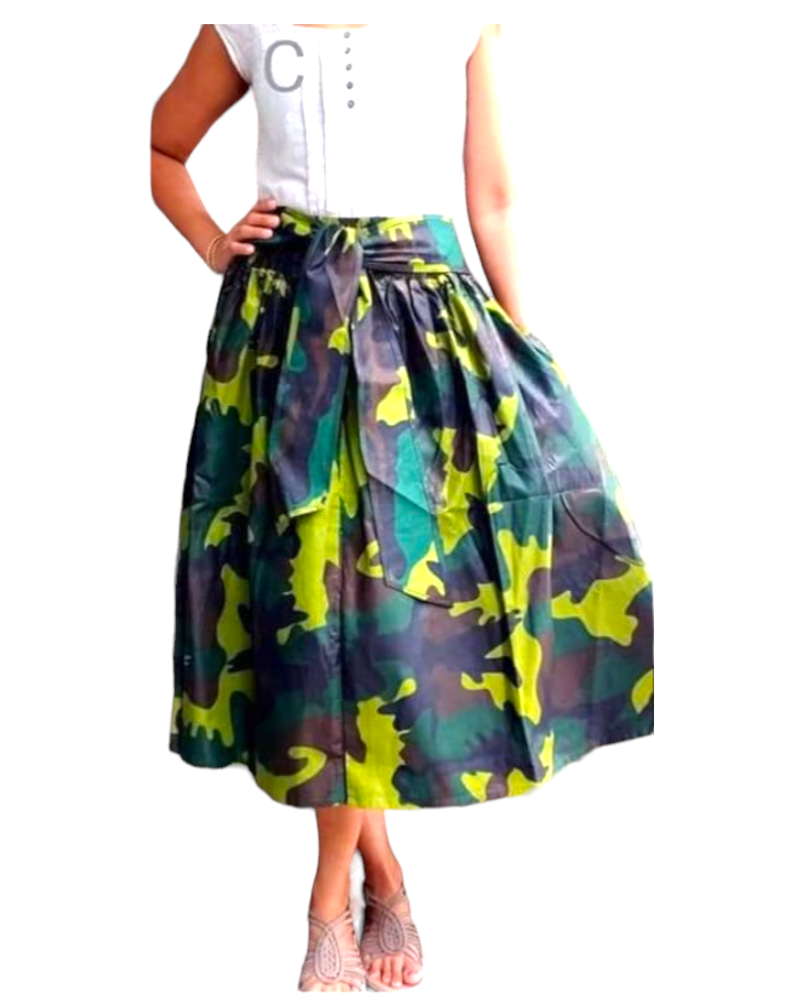 300 - Woman Mid Length Camouflage Maxi Skirt- Green