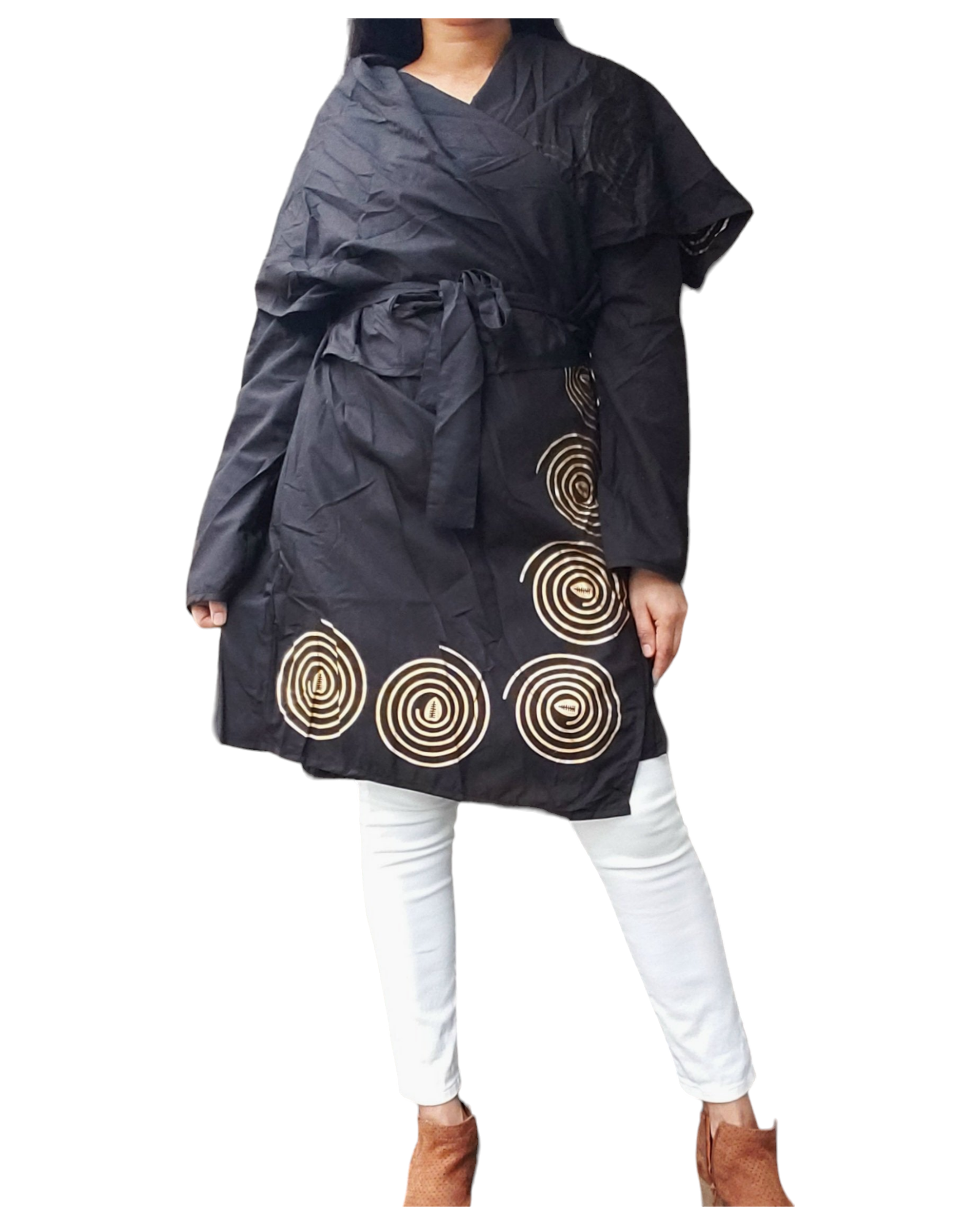 Women Embossed Asymmetric Coat- Black/Gold