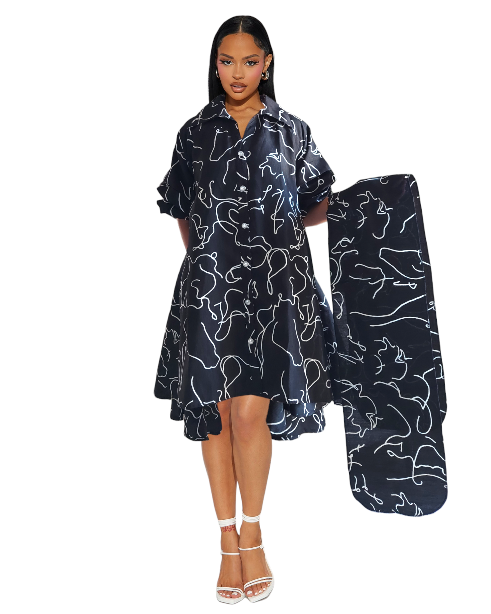 IB25013 - Swing Dress/ Faux Silk / Black - White 758