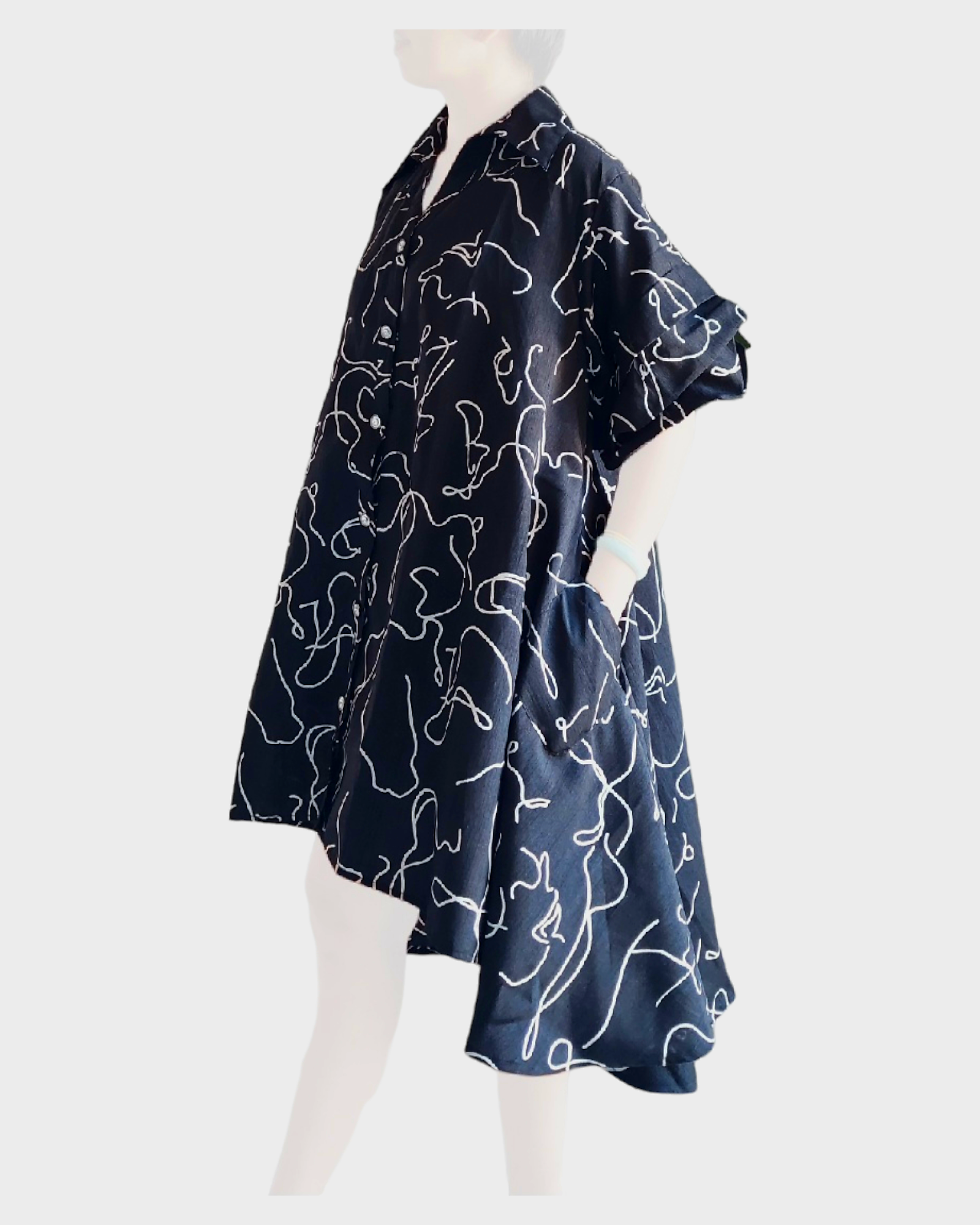 IB25013 - Swing Dress/ Faux Silk / Black - White 758