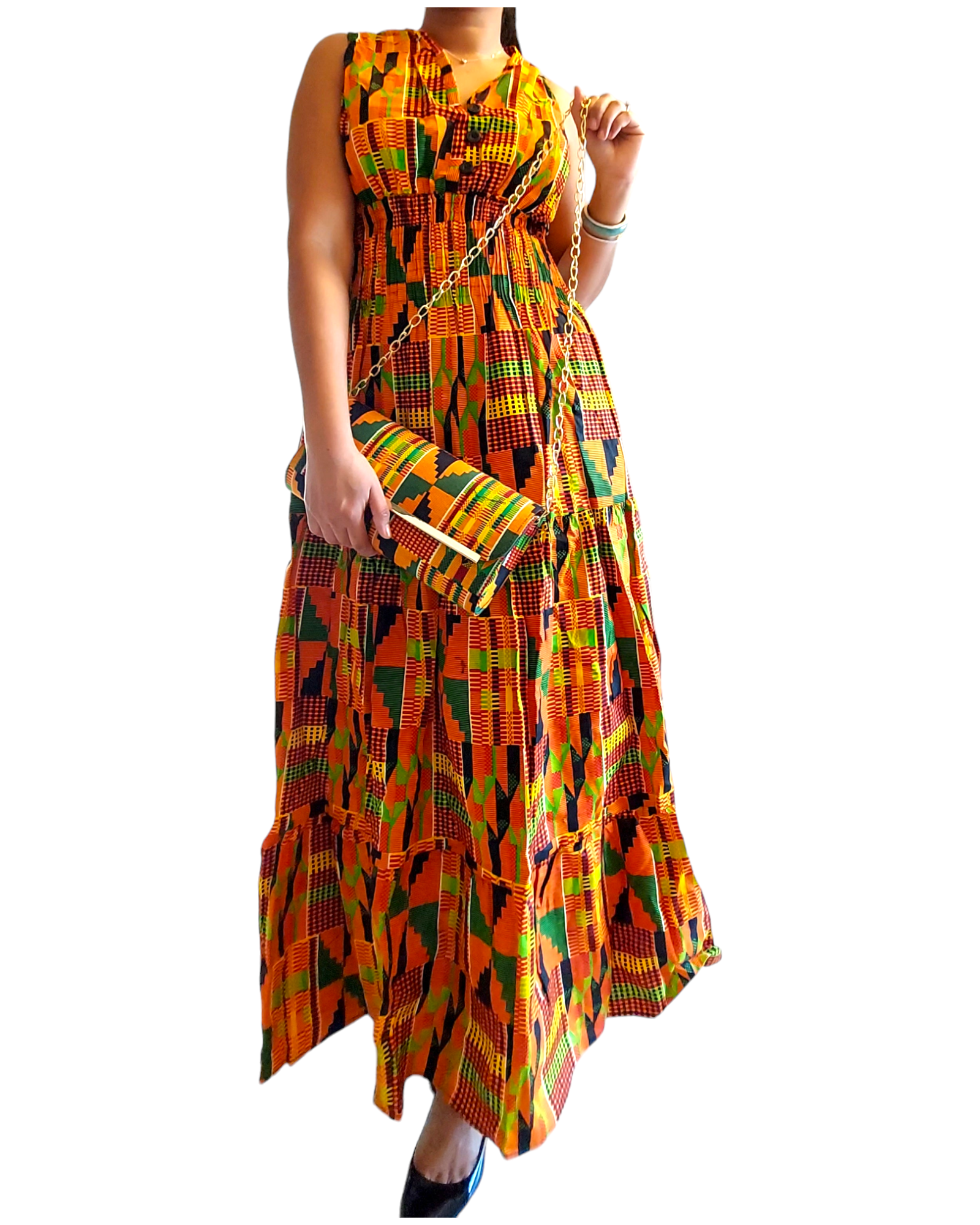 3028L Smocked Dress/Head Scarf - Orange Kente