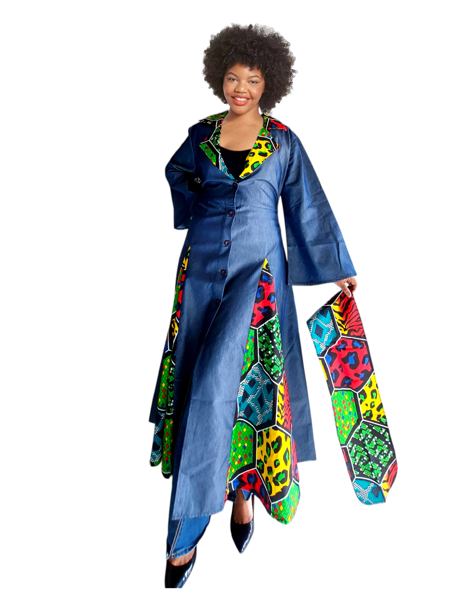 7752 - Denim Kimono Dress with Printed Panels