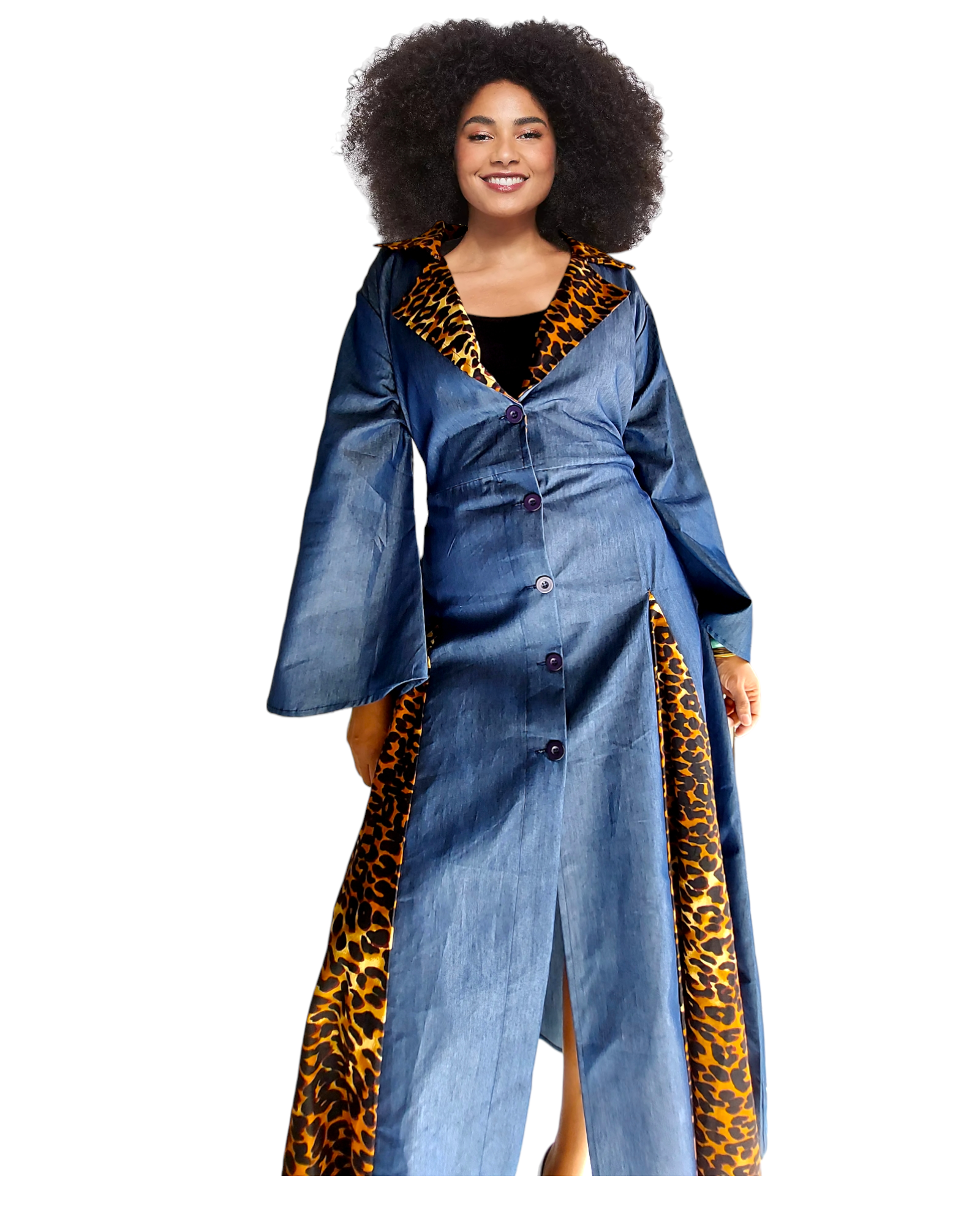 7752 - Denim Kimono Dress With Panels/ Animal Print