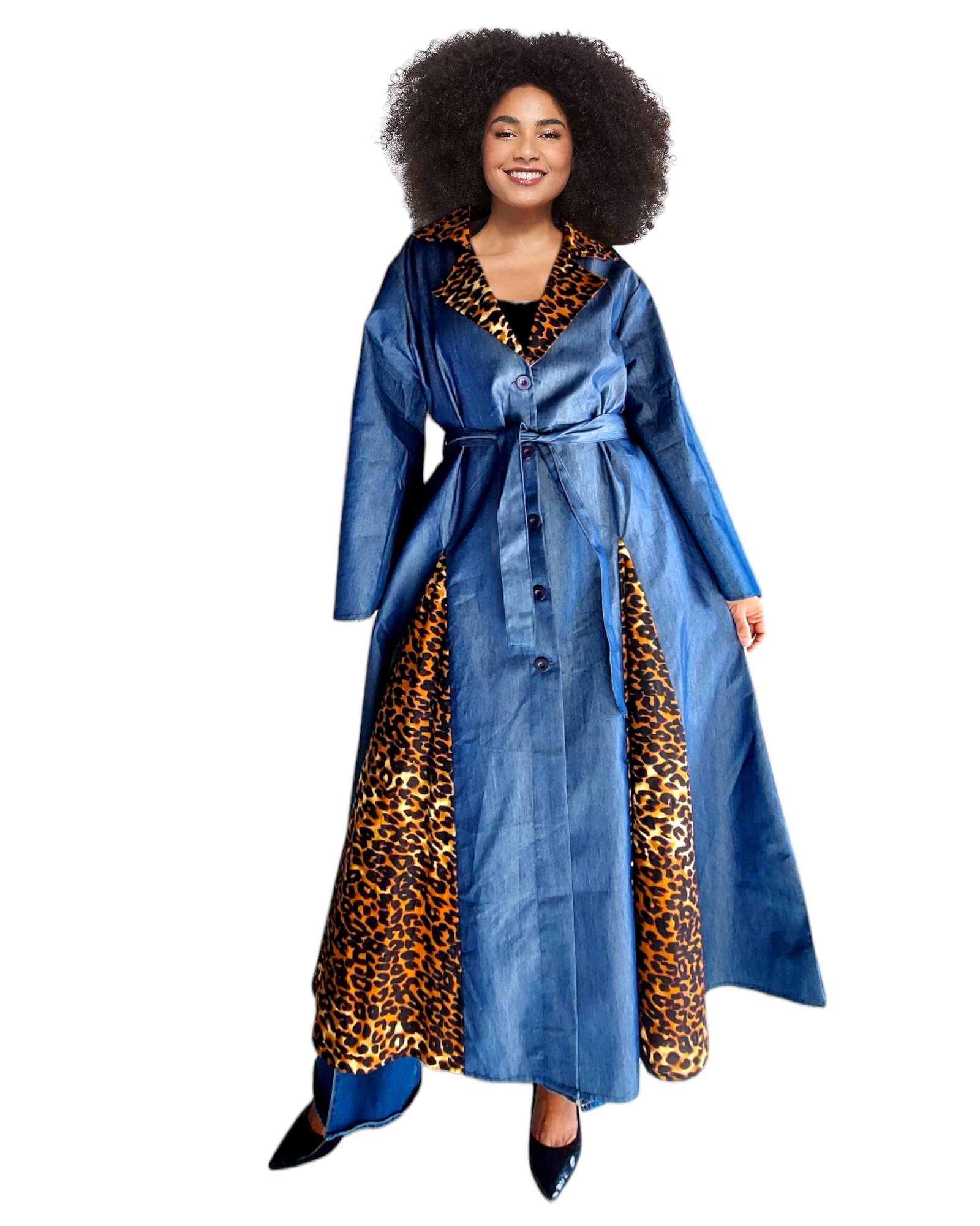 7752 - Denim Kimono Dress With Panels/ Animal Print