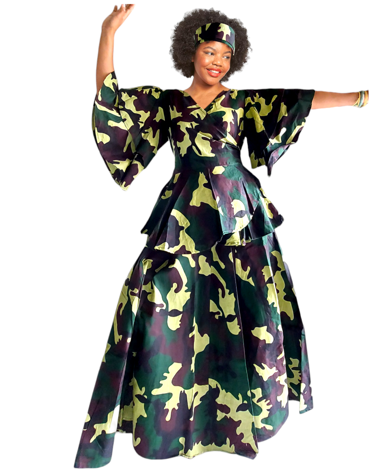 7001 Set / Long Skirt and Wrap Blouse / camouflage print