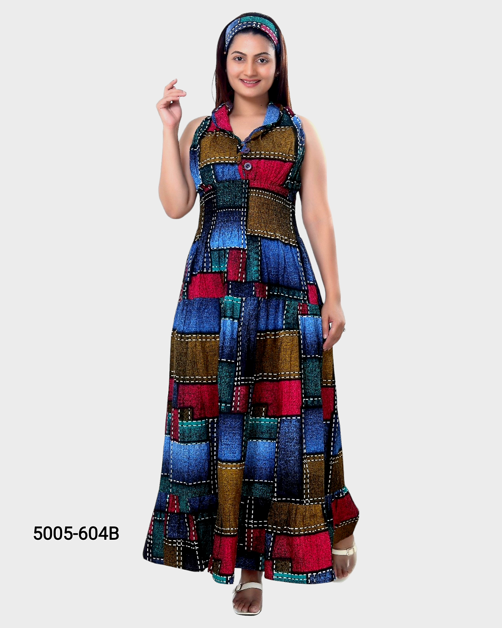 5005 Long Smocked Dress With Scarf