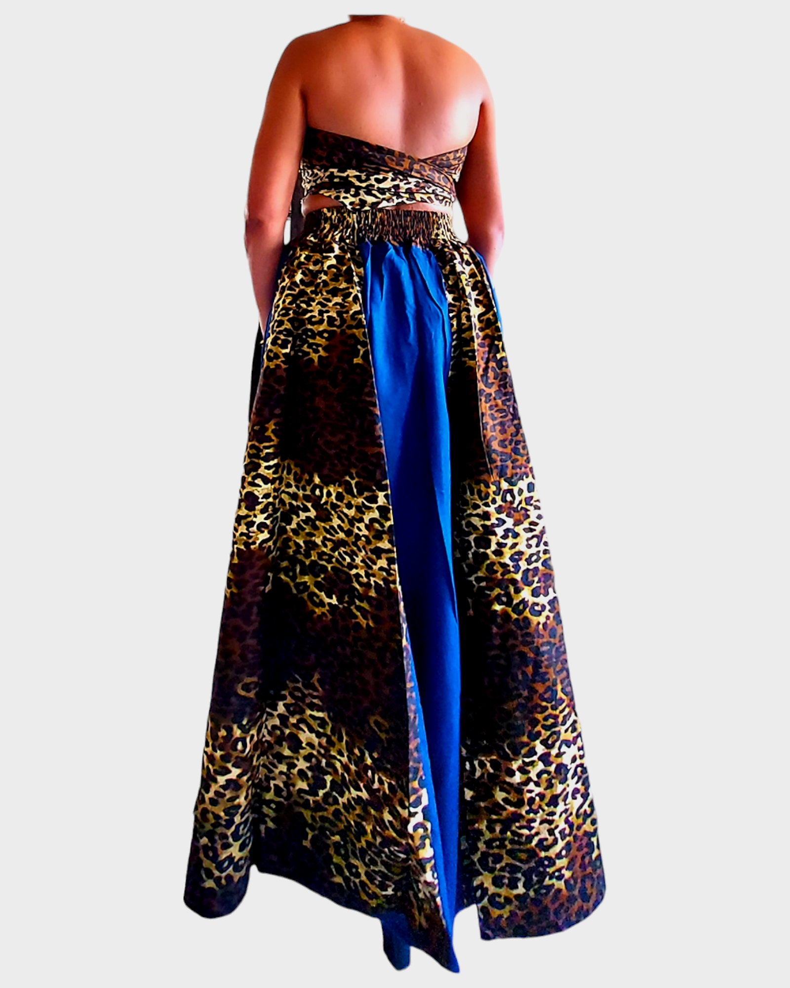 7002 Long Denim / Animal Print Panel Skirt