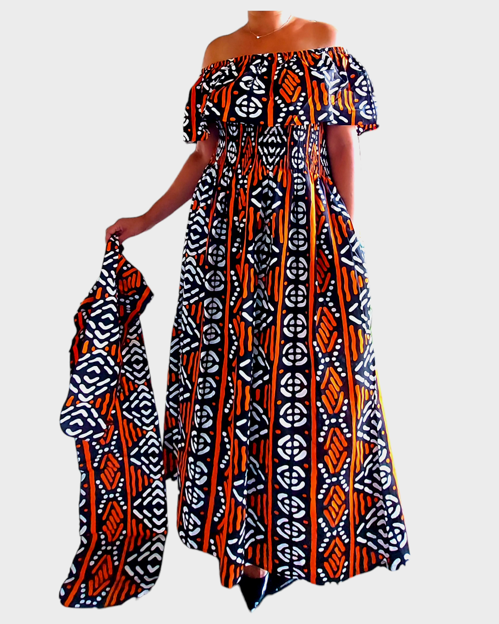 3014L  Maxi Dress-Orange Tribal