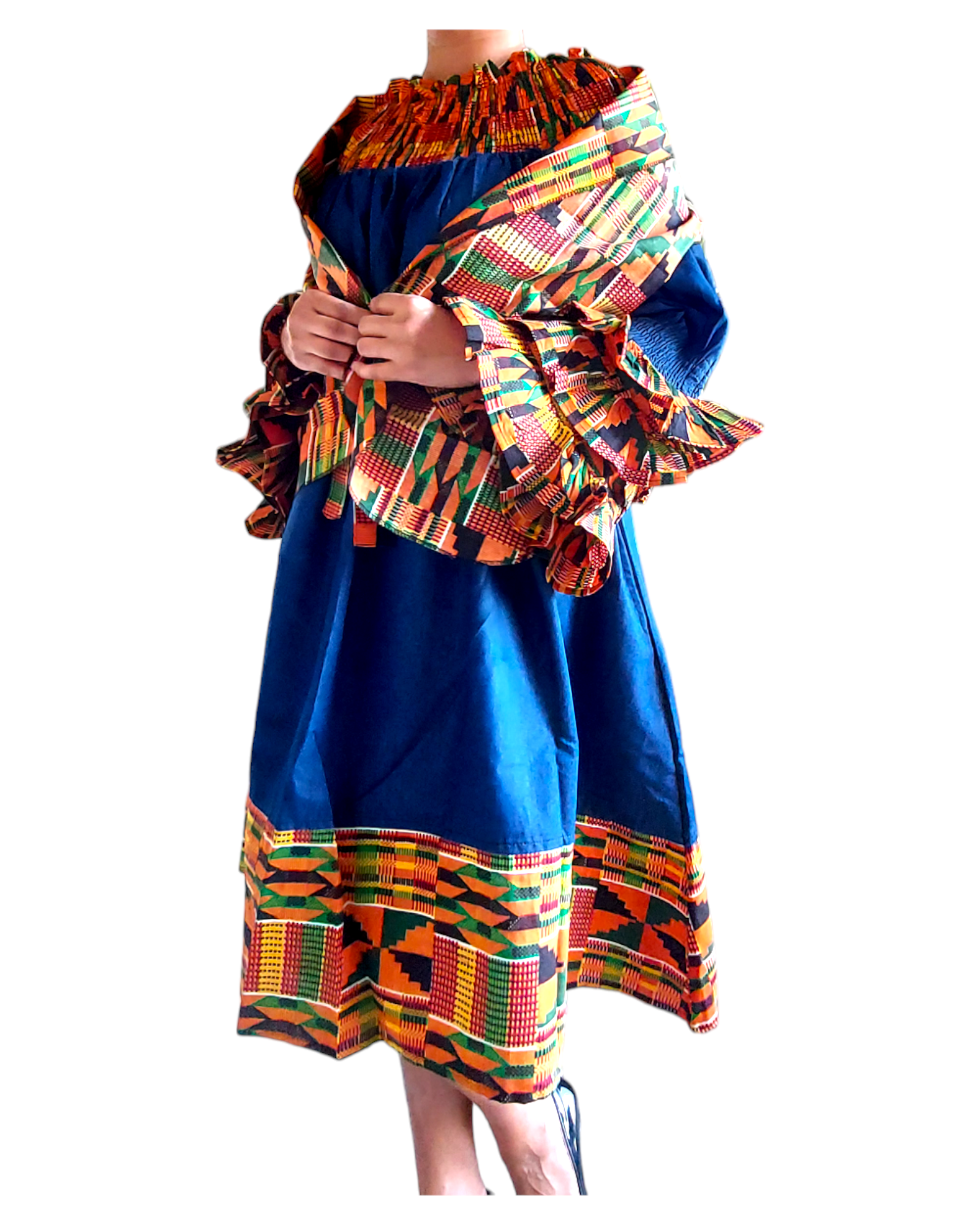 018 Denim/Kente Off Shoulder Mid-Length Dress