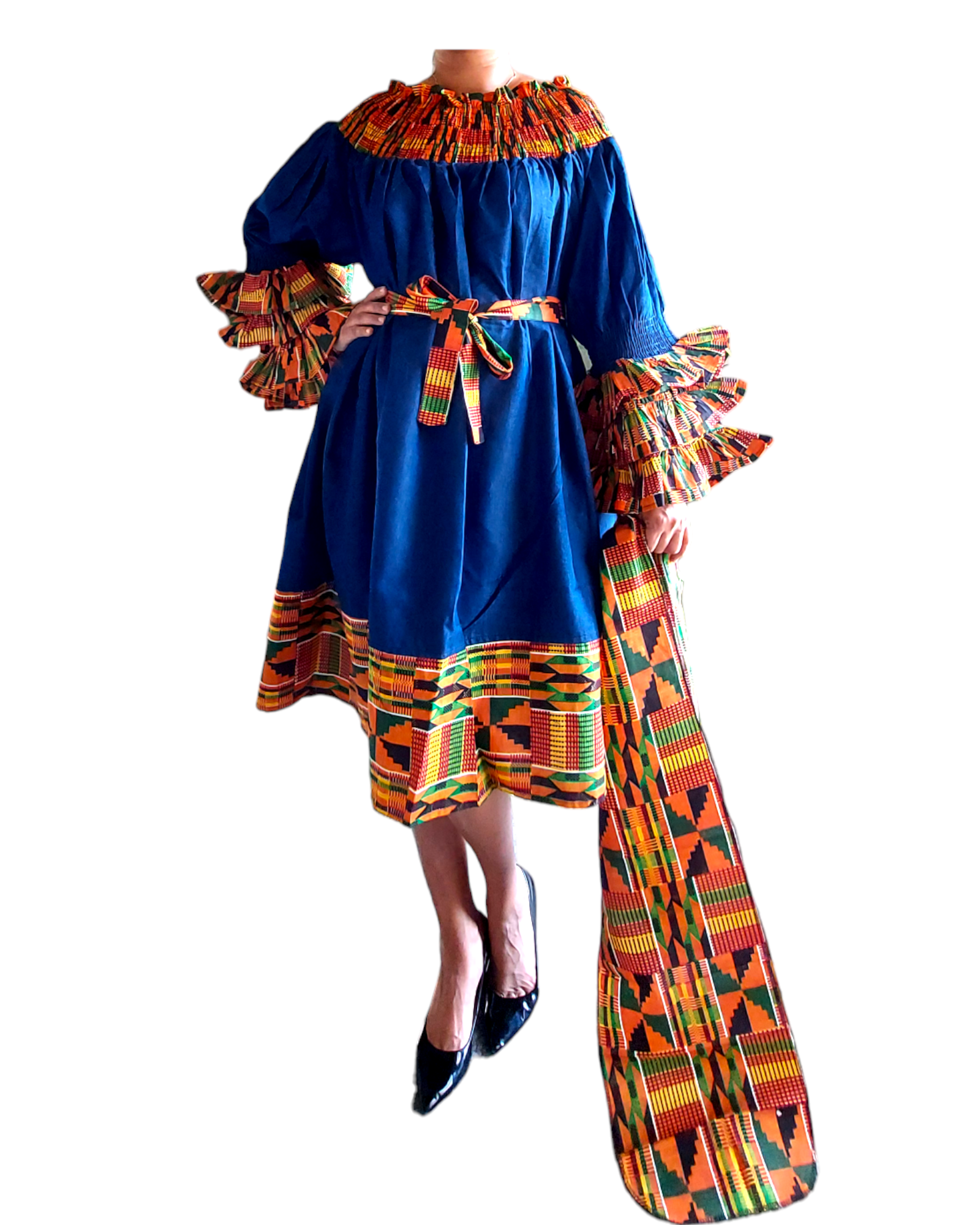 018 Denim/Kente Off Shoulder Mid-Length Dress