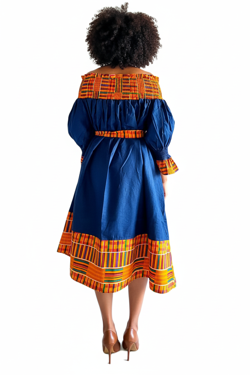 018 Denim/Kente Off Shoulder Mid-Length Dress