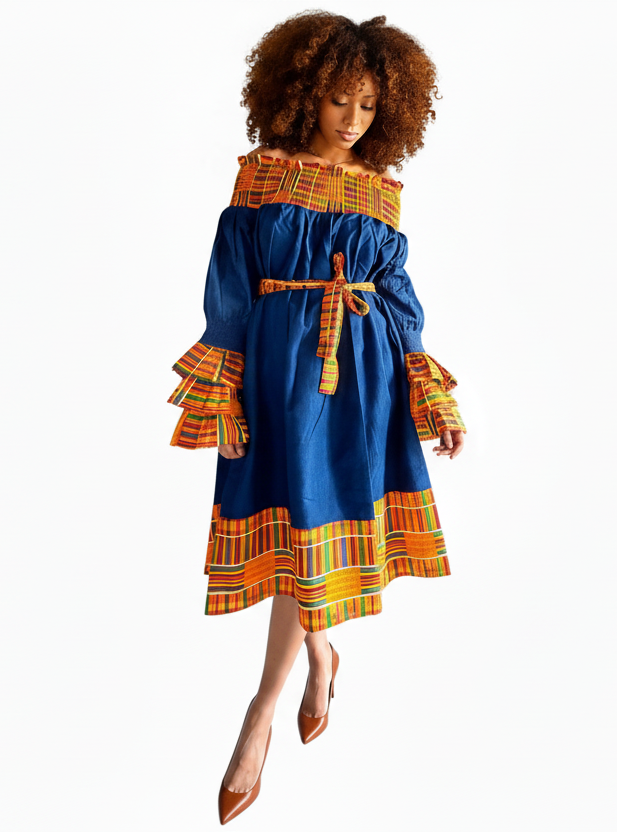 018 Denim/Kente Off Shoulder Mid-Length Dress