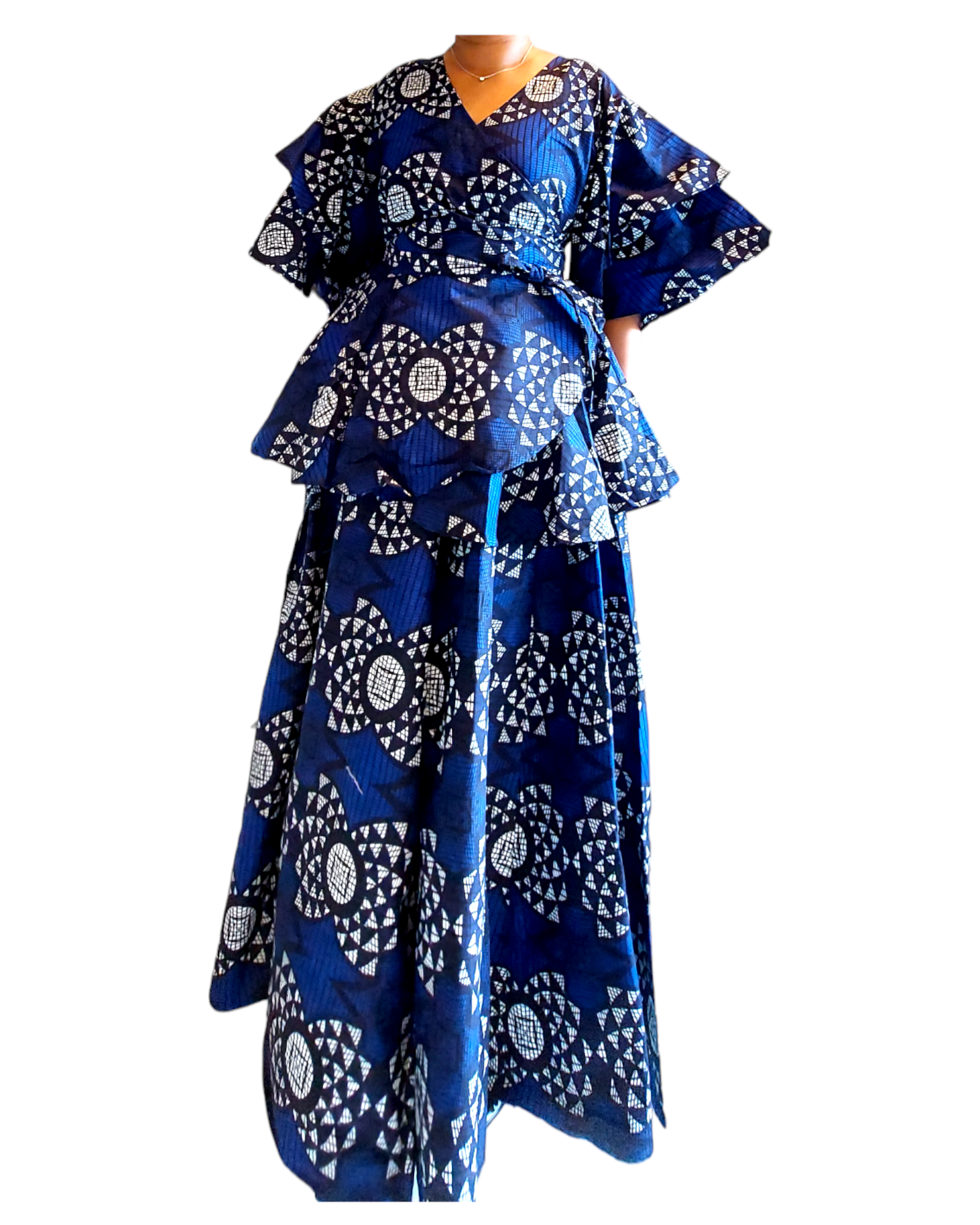 7001 Set / Long Skirt and Wrap Blouse  / Blue Print