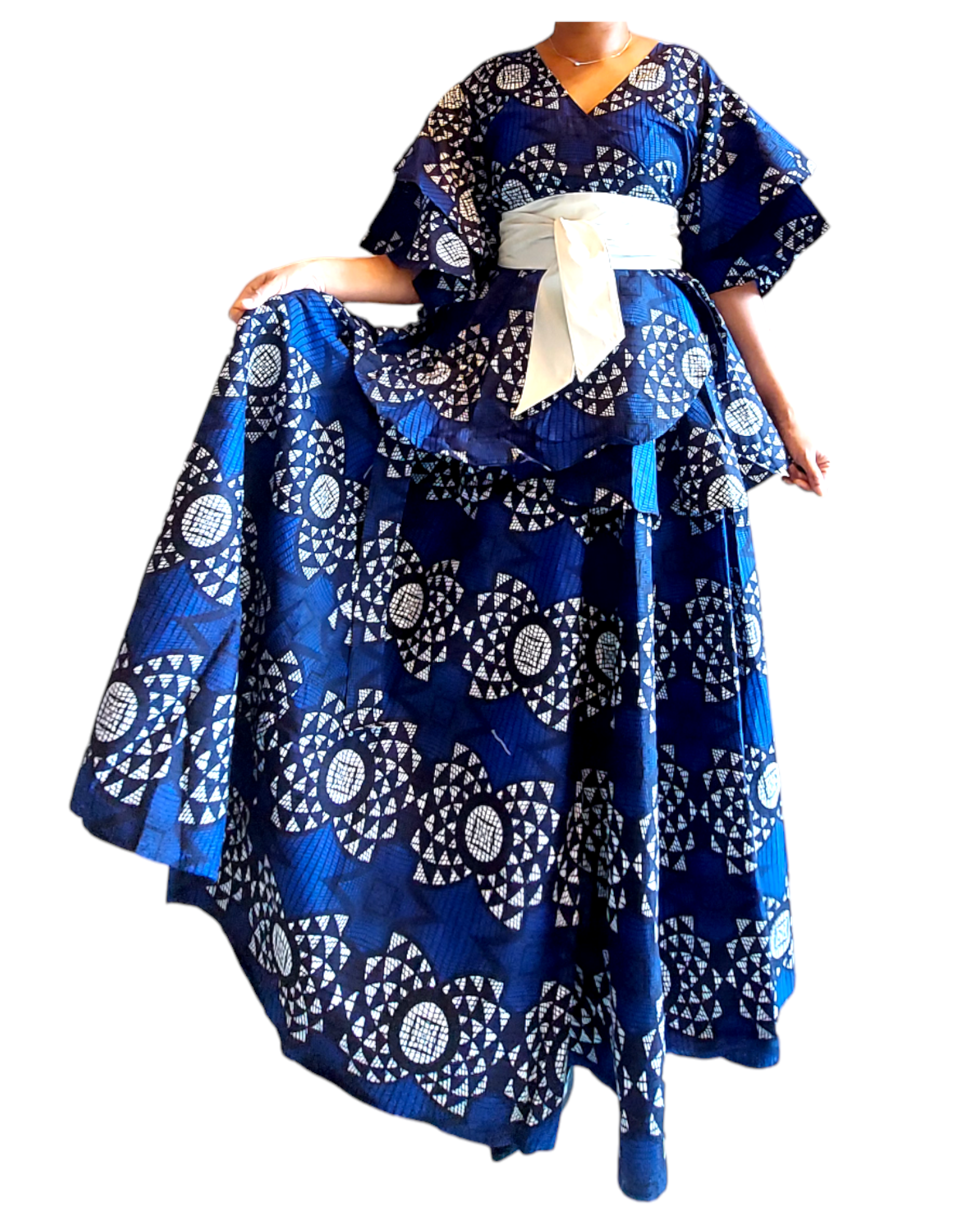 7001 Set / Long Skirt and Wrap Blouse  / Blue Print