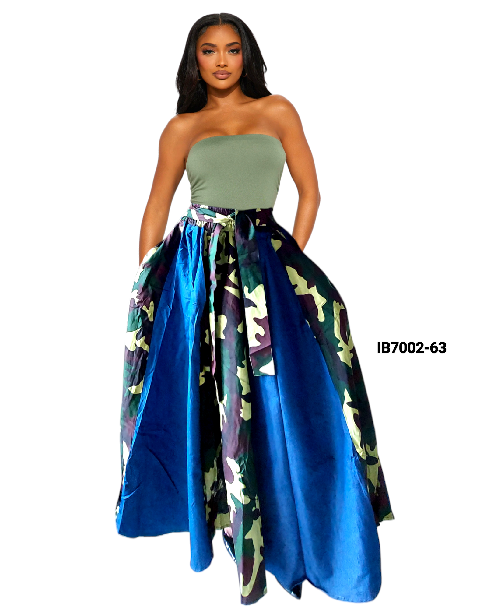 7002 Long Denim / Camouflage Panel Skirt