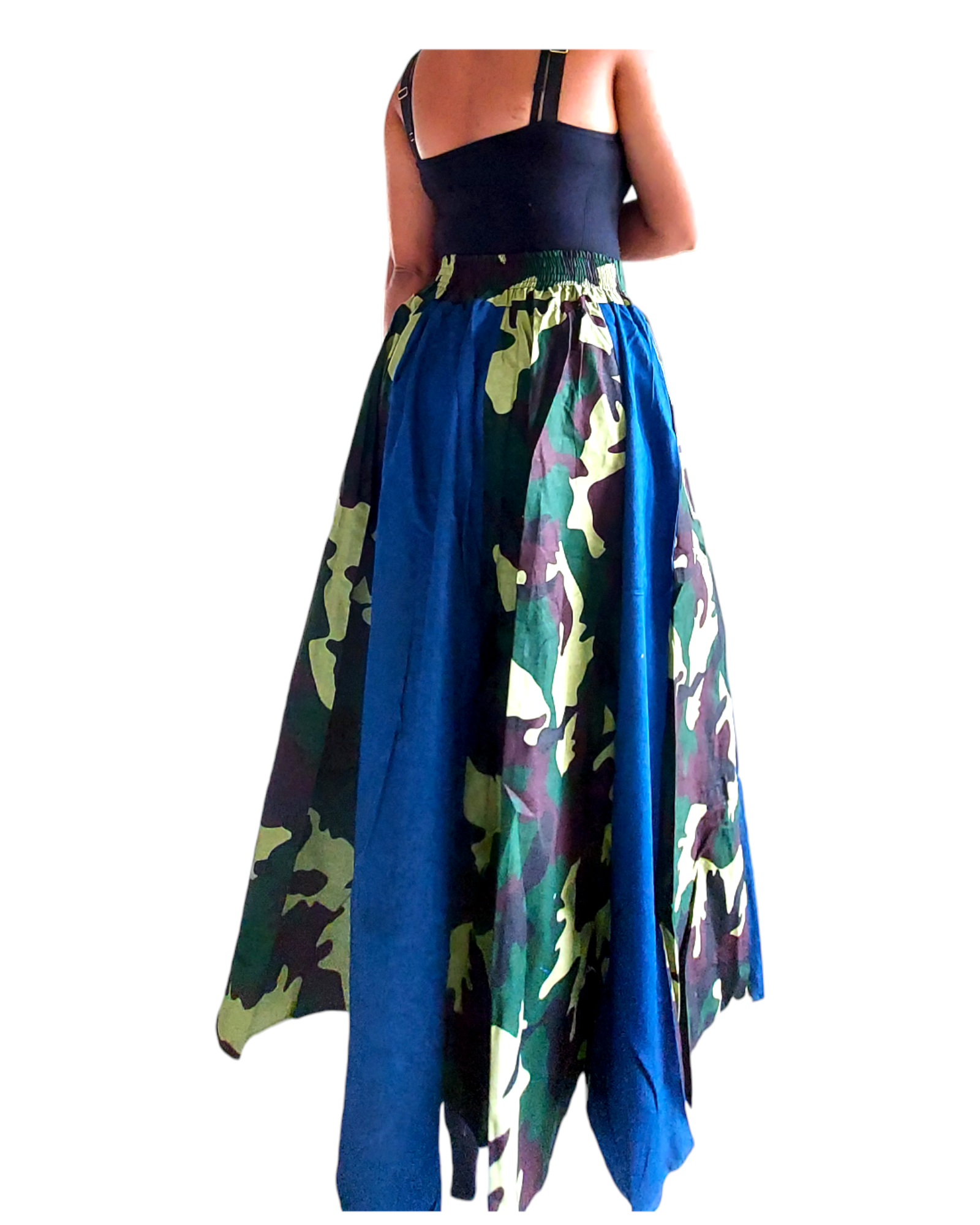 7002 Long Denim / Camouflage Panel Skirt