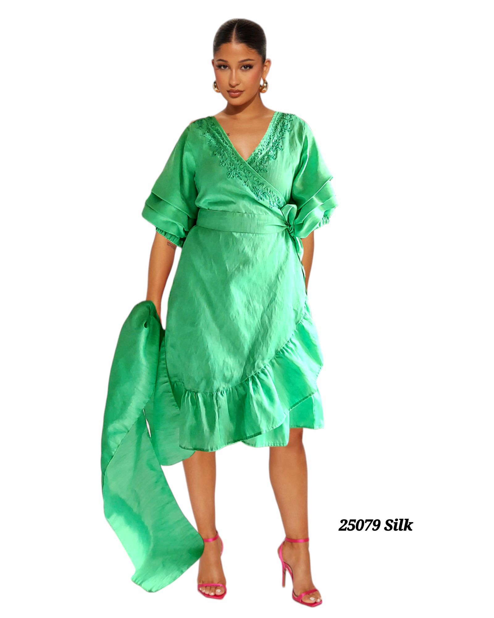 Faux Silk Wrap Dress / Mid Length 25079 Green
