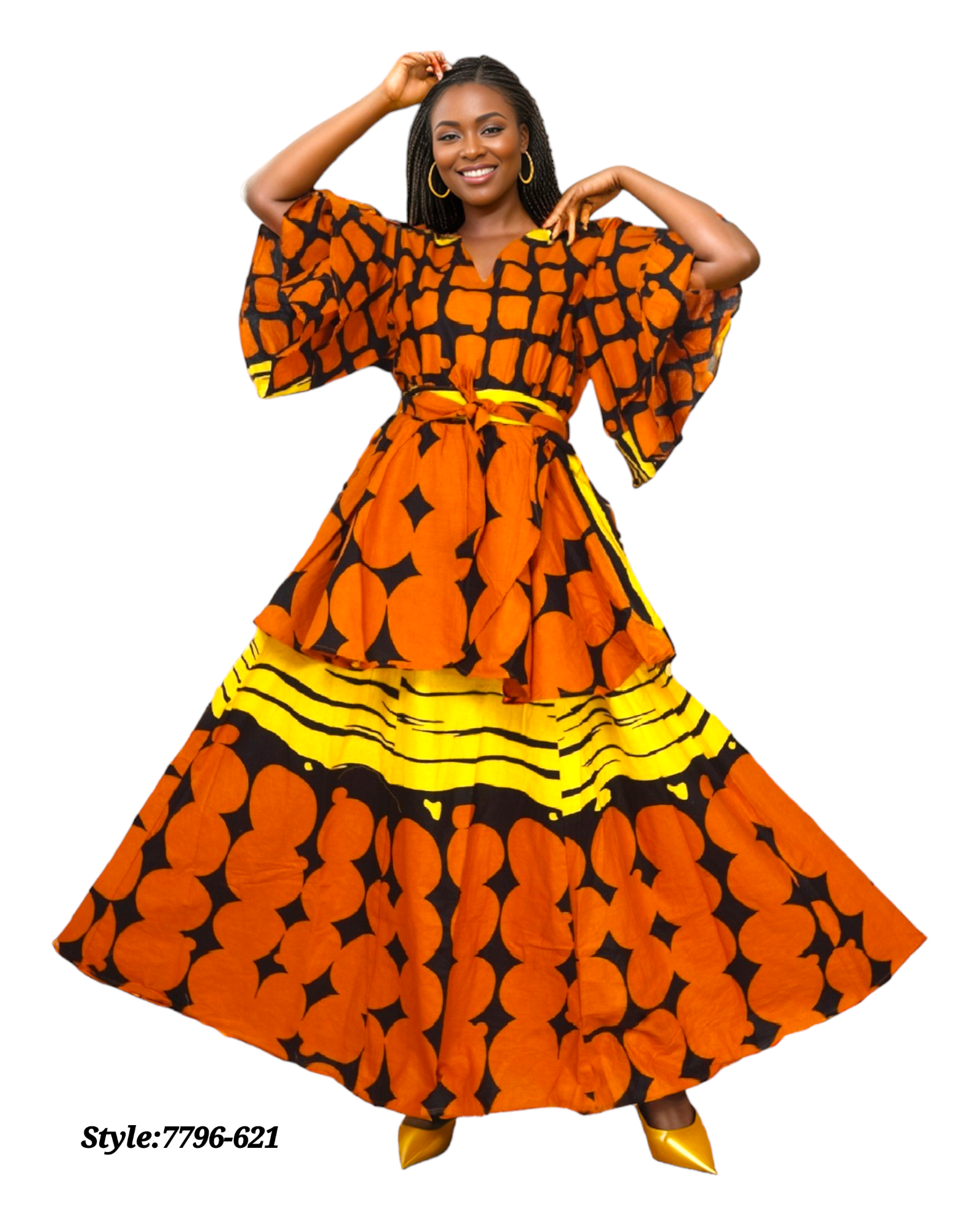 7796 Set / Long Skirt and Wrap Blouse  /  Orange Polkadot Print