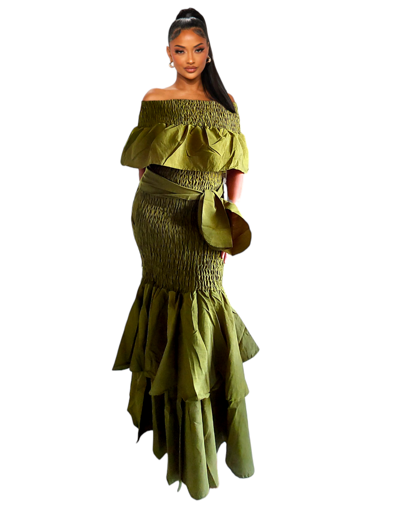 2289 Faux Silk Smock Mermaid Dress - Olive