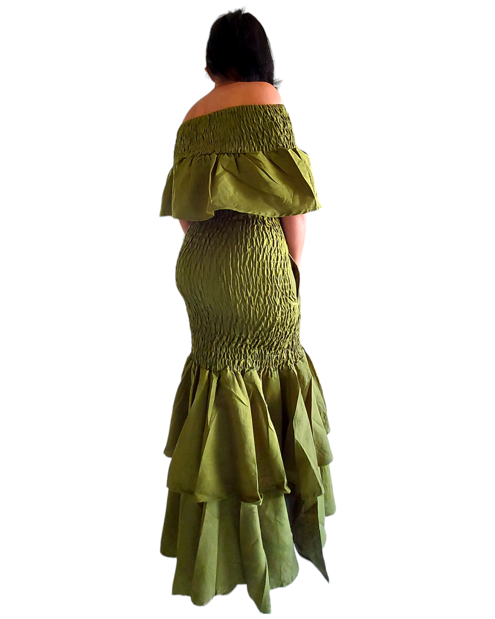 2289 Faux Silk Smock Mermaid Dress - Olive