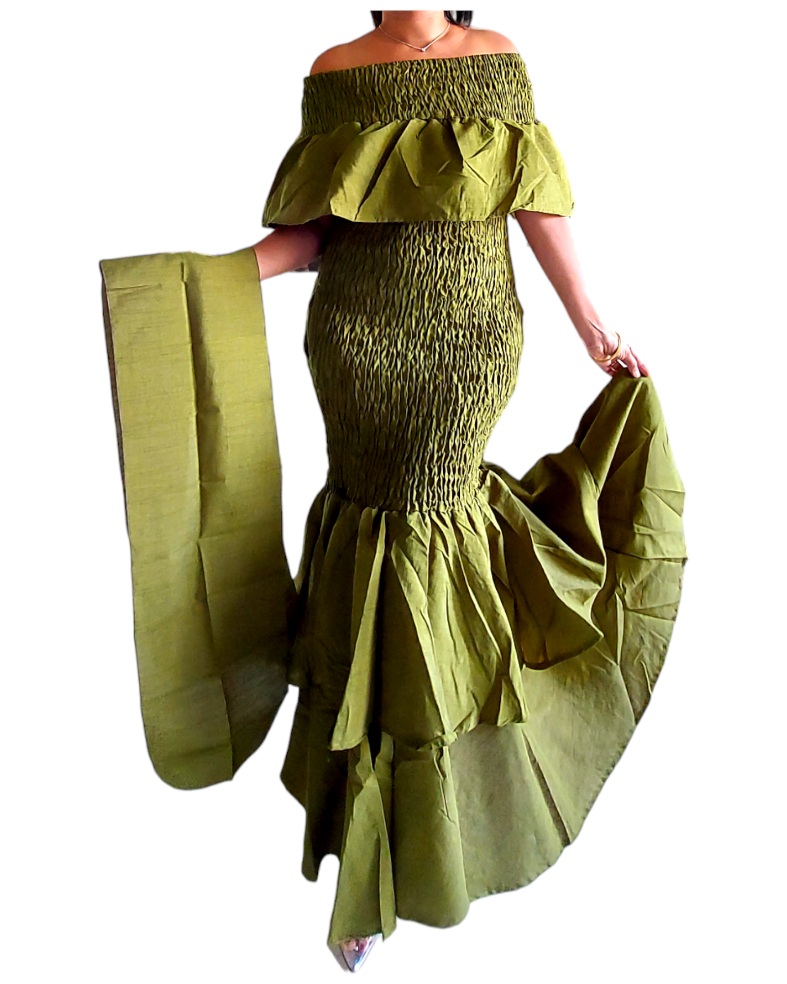 2289 Faux Silk Smock Mermaid Dress - Olive